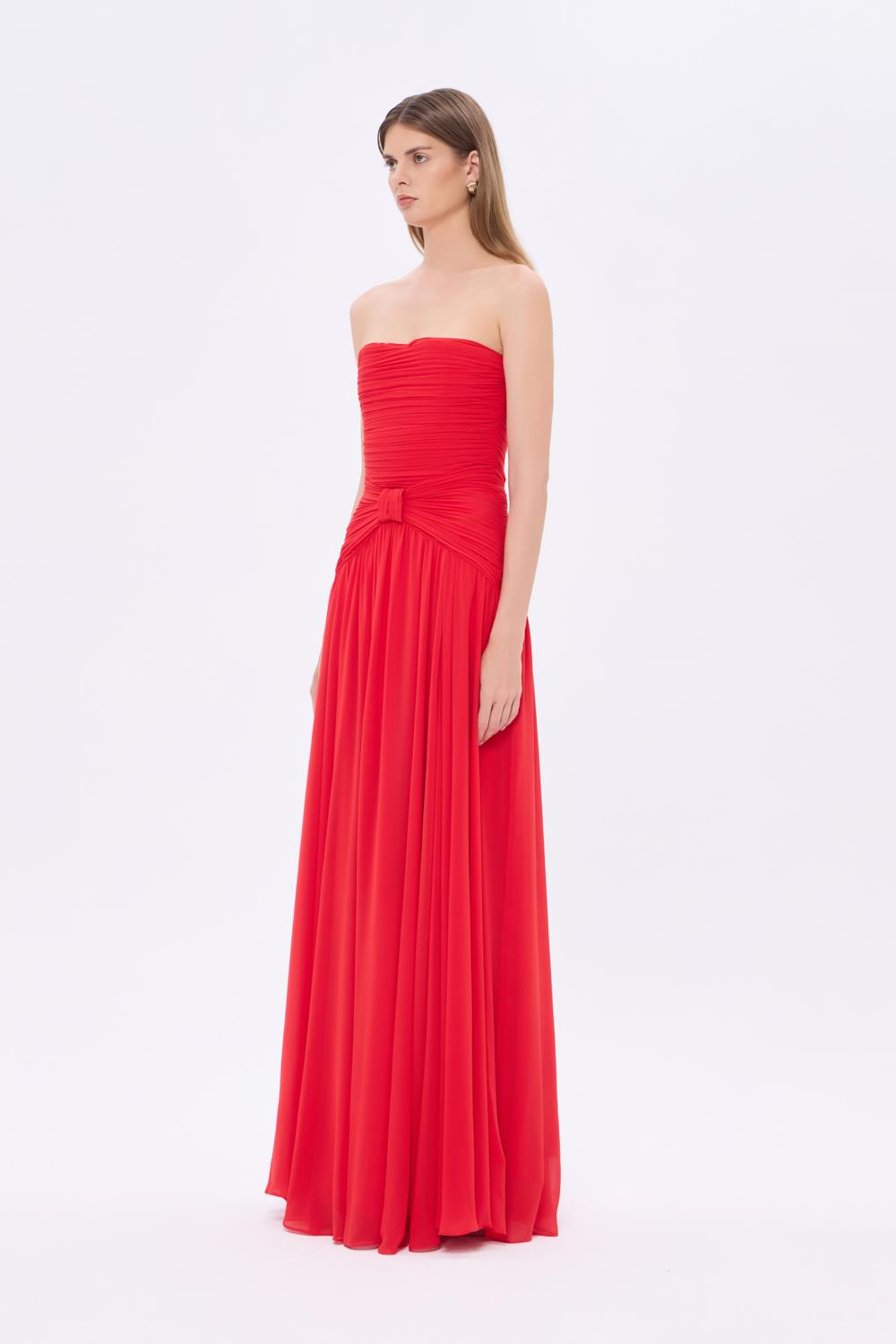 Strapless Collar Waist Draped Chiffon Long Evening Dress - 9288C