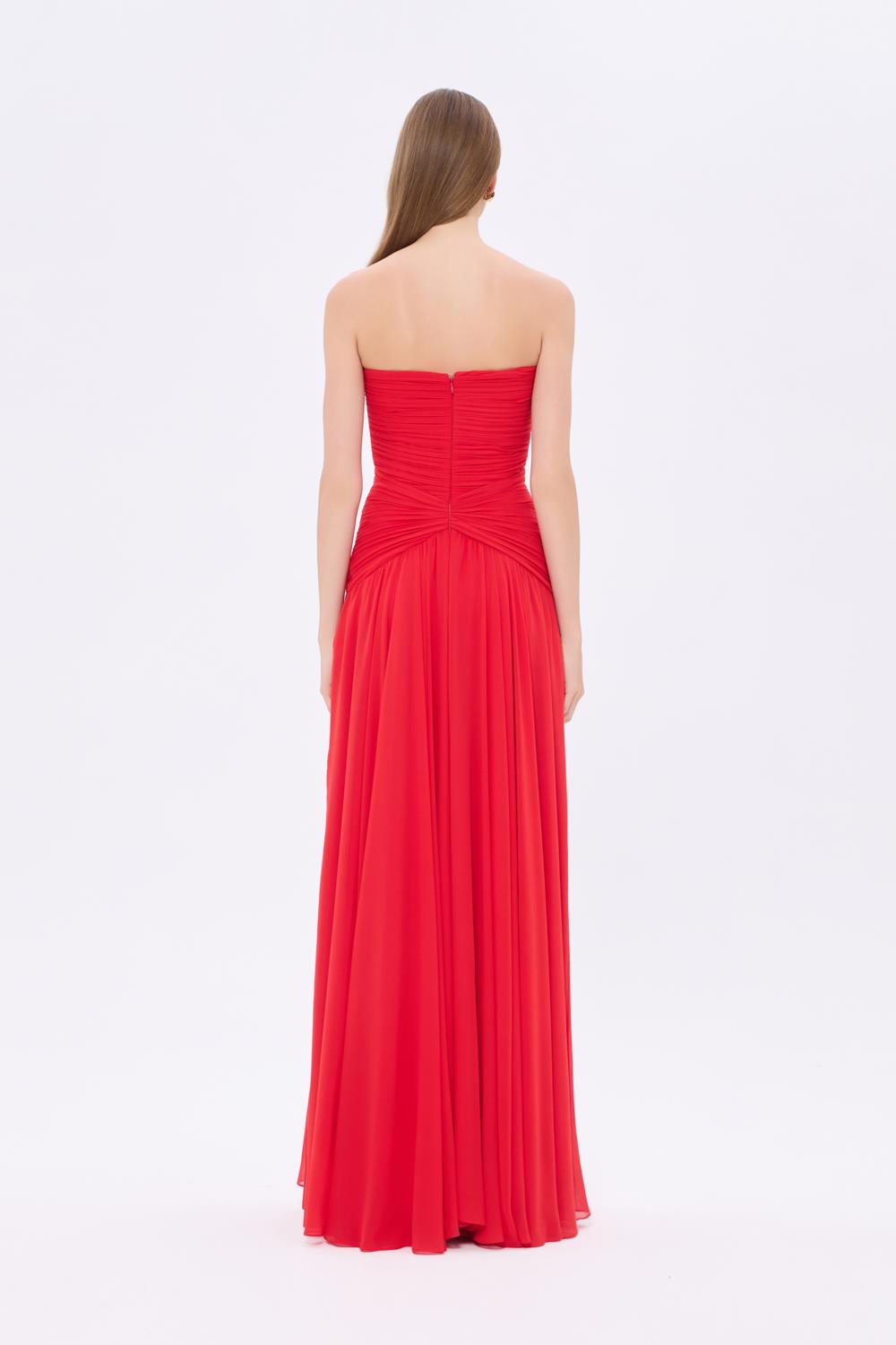 Strapless Collar Waist Draped Chiffon Long Evening Dress - 9288C