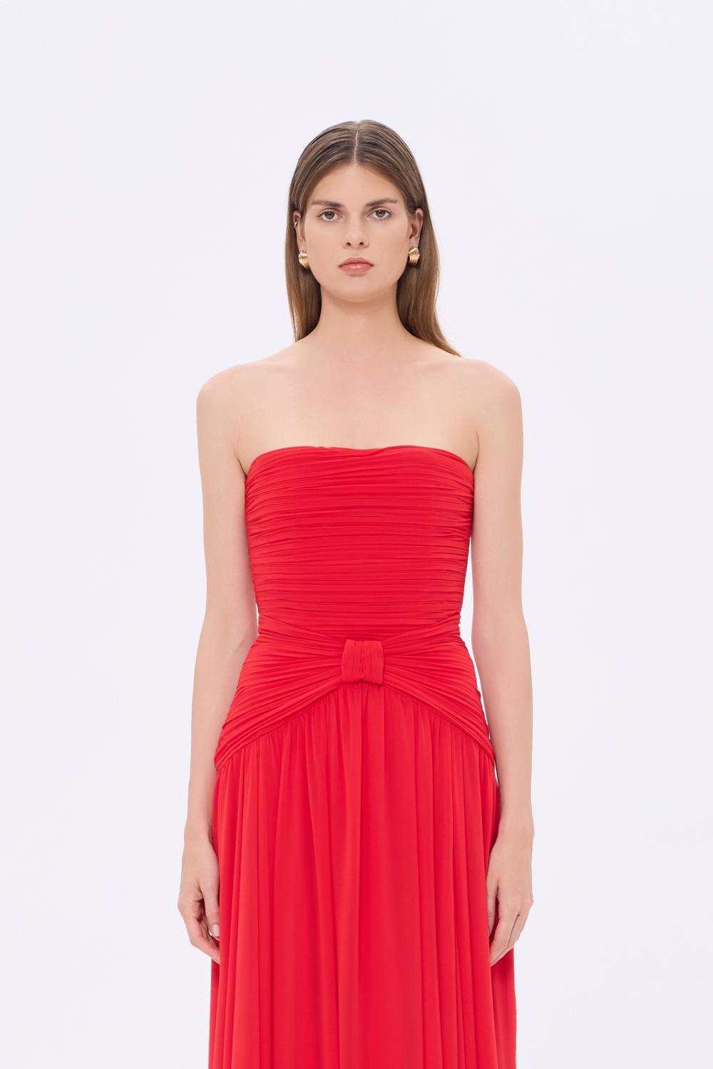 Strapless Collar Waist Draped Chiffon Long Evening Dress - 9288C