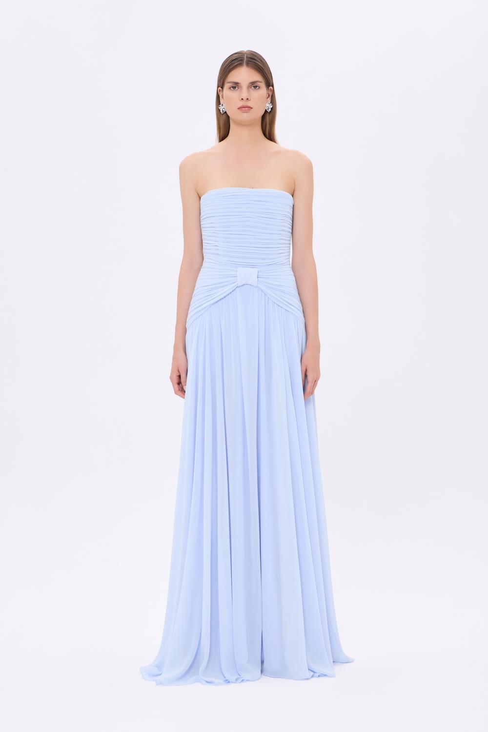 Strapless Collar Waist Draped Chiffon Long Evening Dress - 9288C
