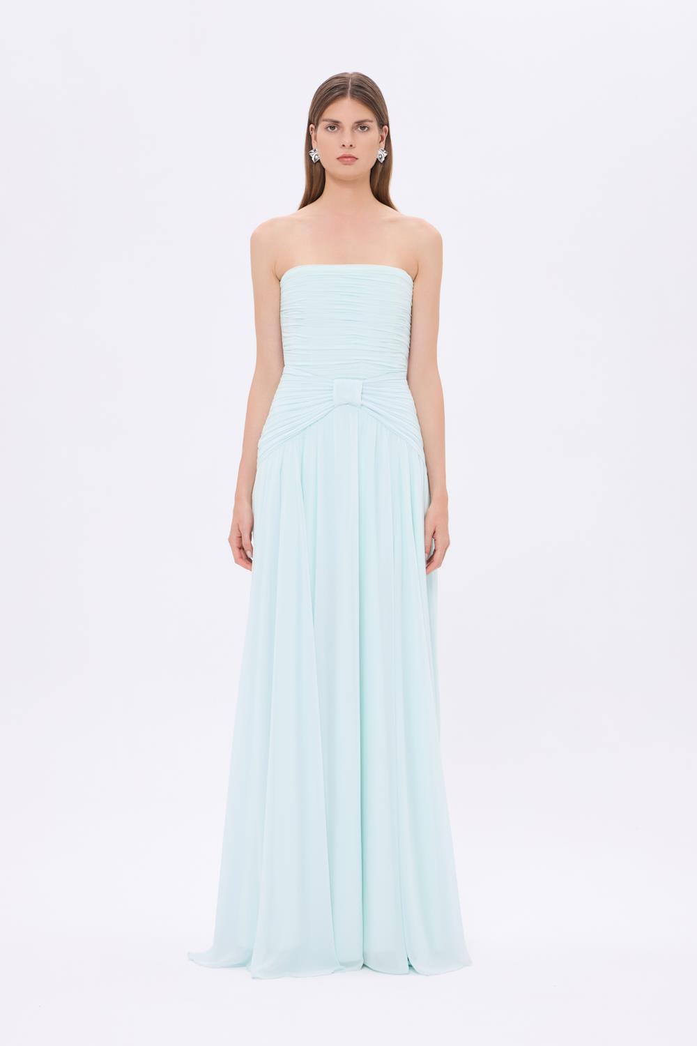 Strapless Collar Waist Draped Chiffon Long Evening Dress - 9288C