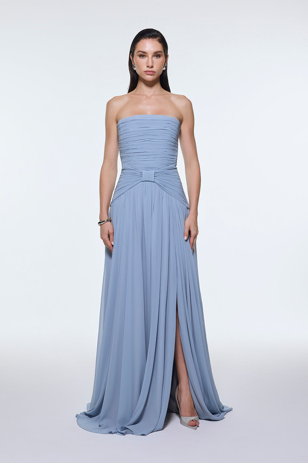 Strapless Collar Waist Draped Chiffon Long Evening Dress - 9288C