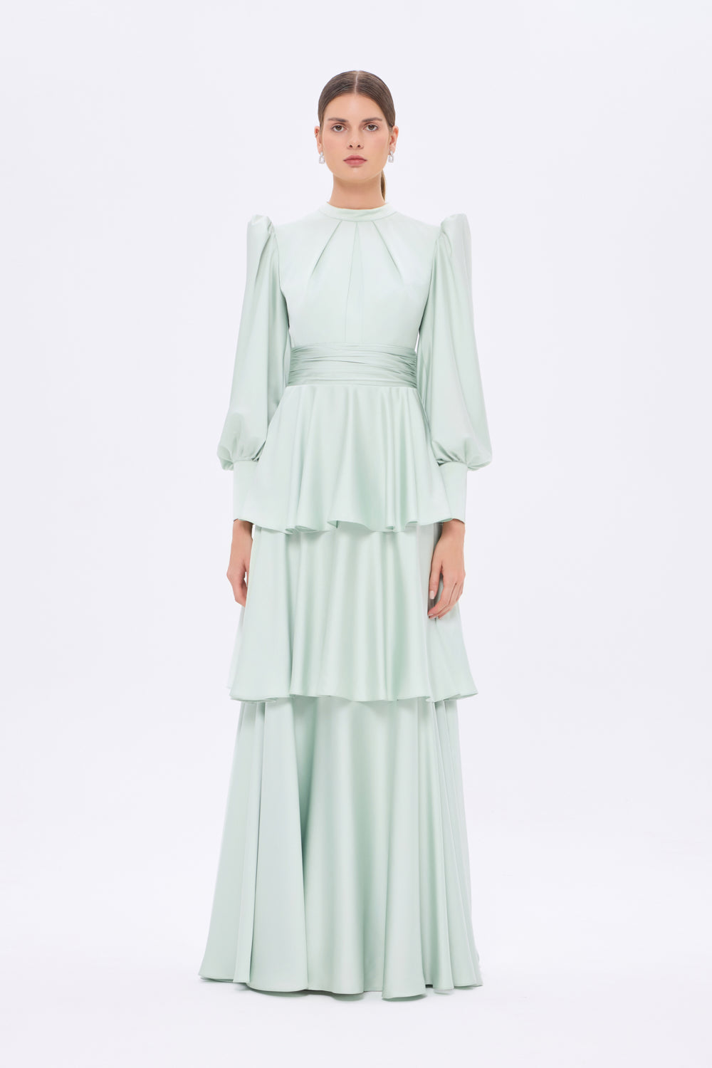 Flounce Detailed Balloon Sleeve Long Evening Dress - 9363C