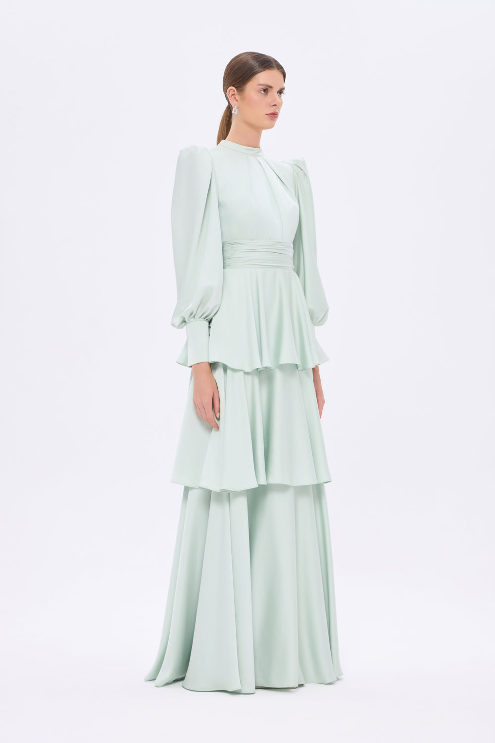 Flounce Detailed Balloon Sleeve Long Evening Dress - 9363C