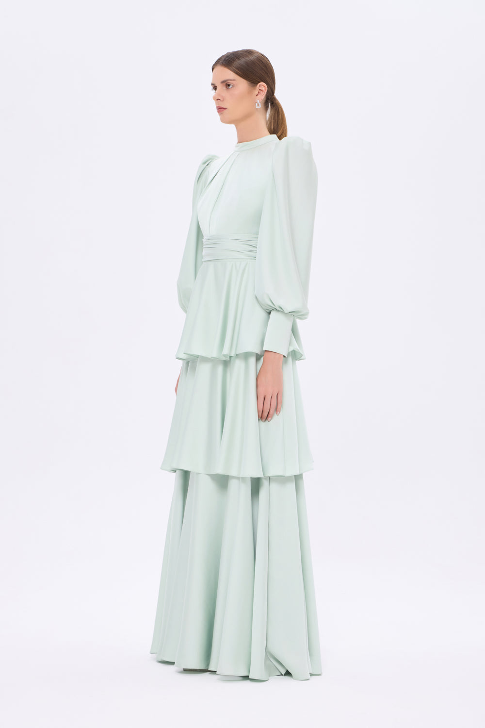 Flounce Detailed Balloon Sleeve Long Evening Dress - 9363C