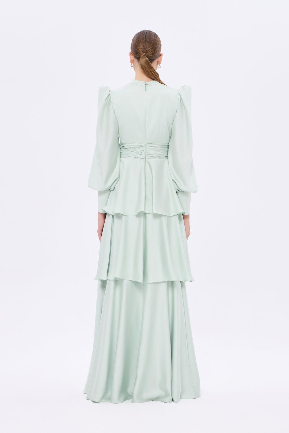 Flounce Detailed Balloon Sleeve Long Evening Dress - 9363C