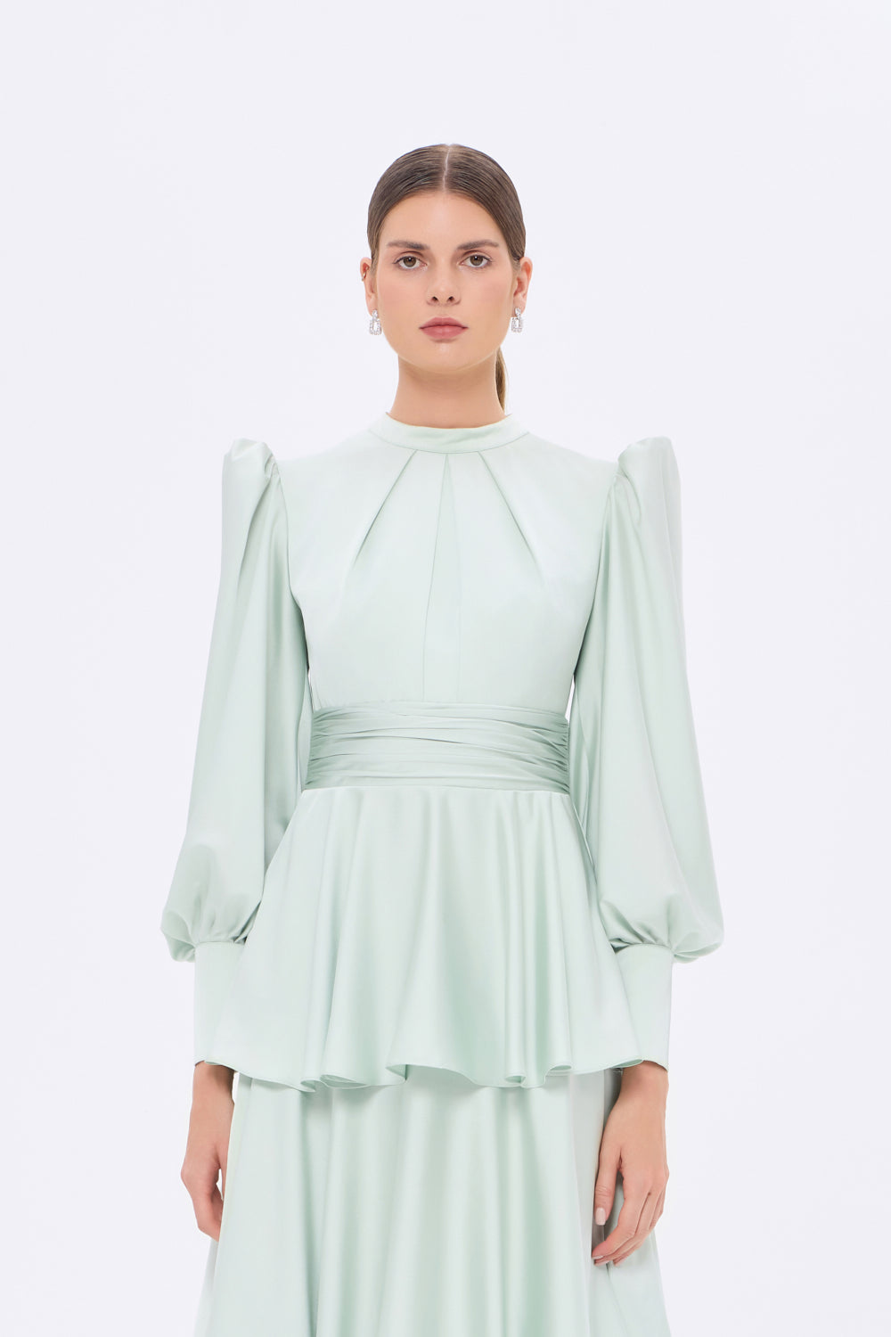 Flounce Detailed Balloon Sleeve Long Evening Dress - 9363C