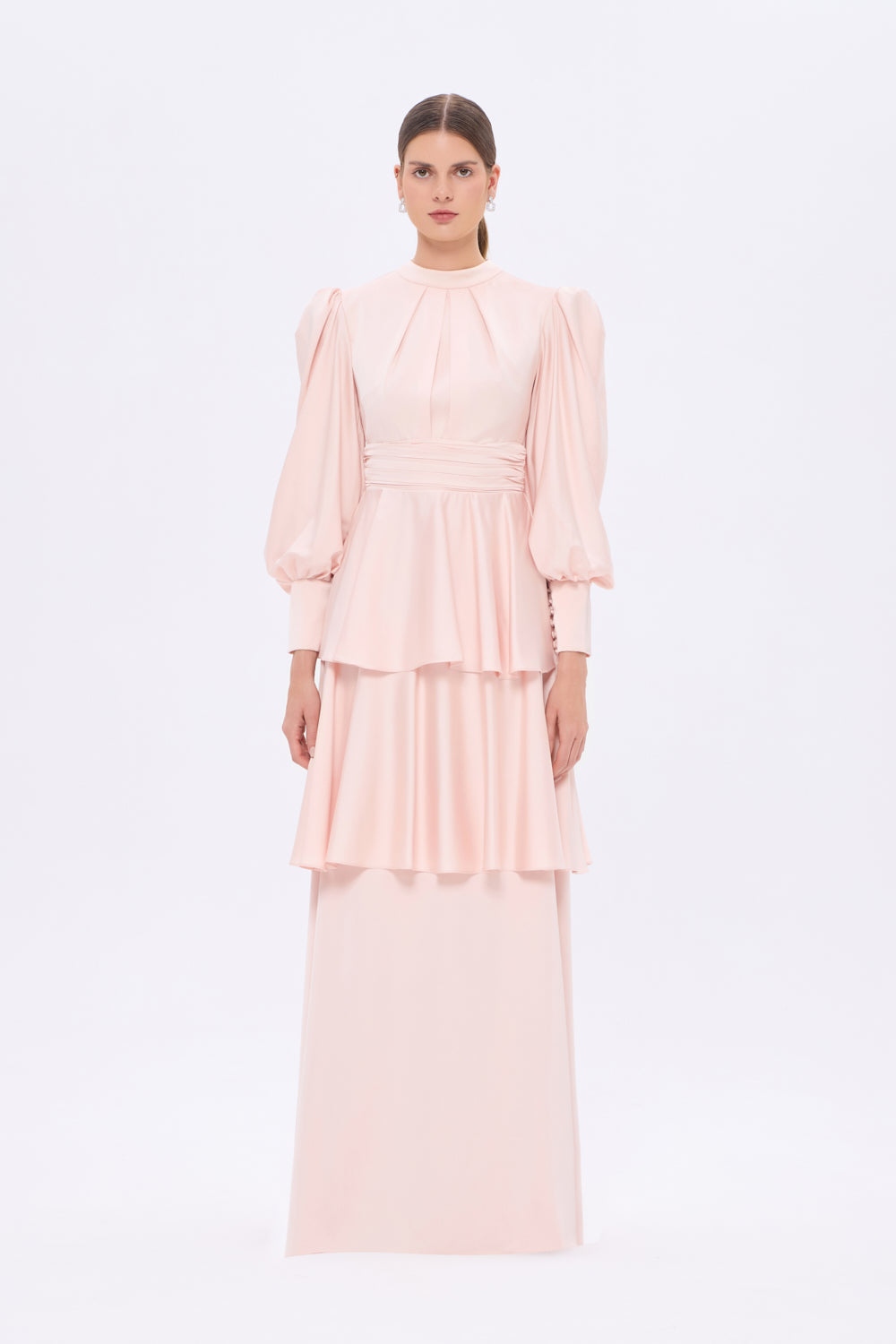 Flounce Detailed Balloon Sleeve Long Evening Dress - 9363C