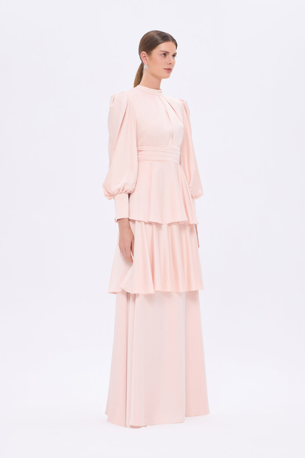 Flounce Detailed Balloon Sleeve Long Evening Dress - 9363C