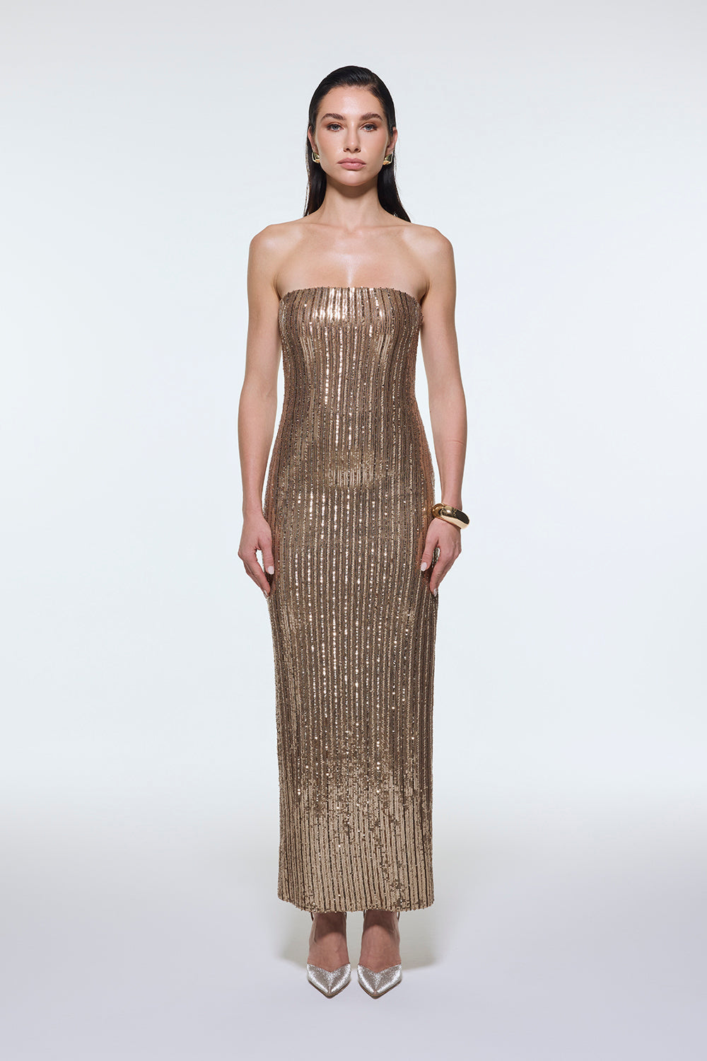 Straplez Yaka Yırtmaçlı Payet Uzun Abiye Elbise - 9293C