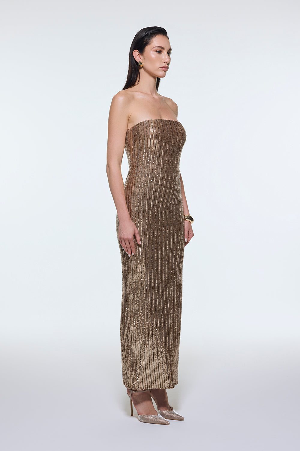 Straplez Yaka Yırtmaçlı Payet Uzun Abiye Elbise - 9293C