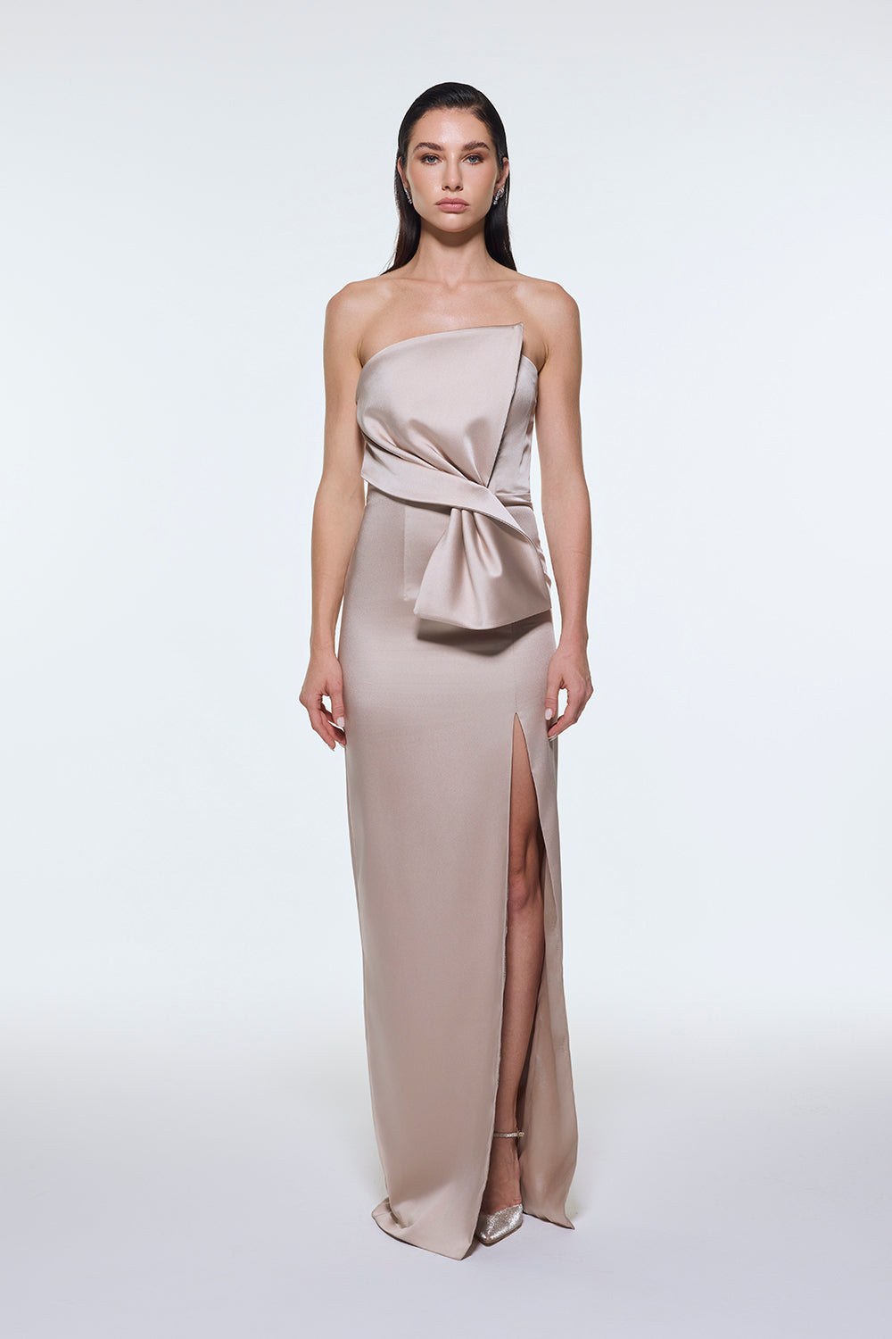 Straplez Yaka Yırtmaçlı Saten Uzun Abiye Elbise - 9281C