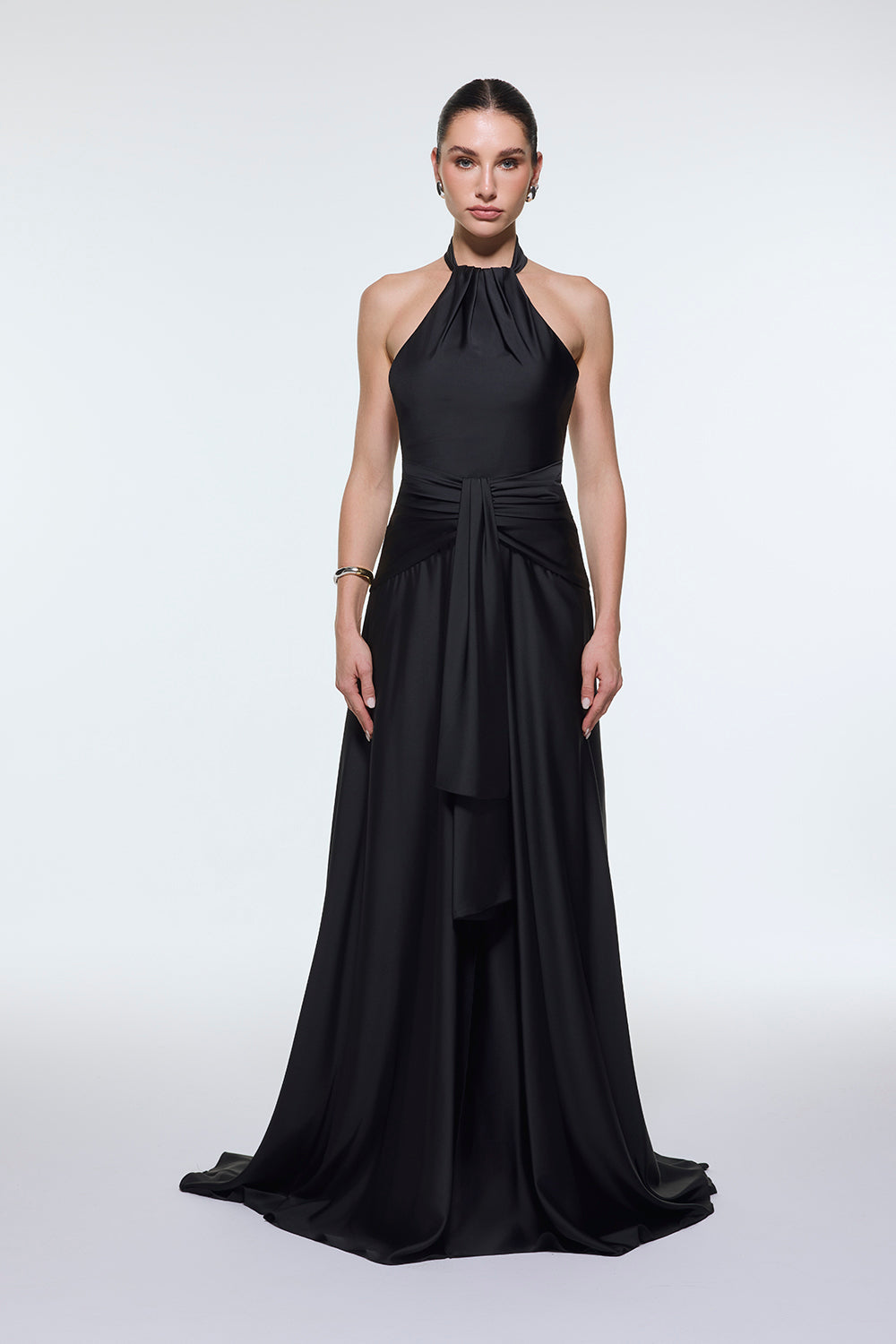 Boyundan Askılı Bel Drape Detaylı Uzun Abiye Elbise - 9253C