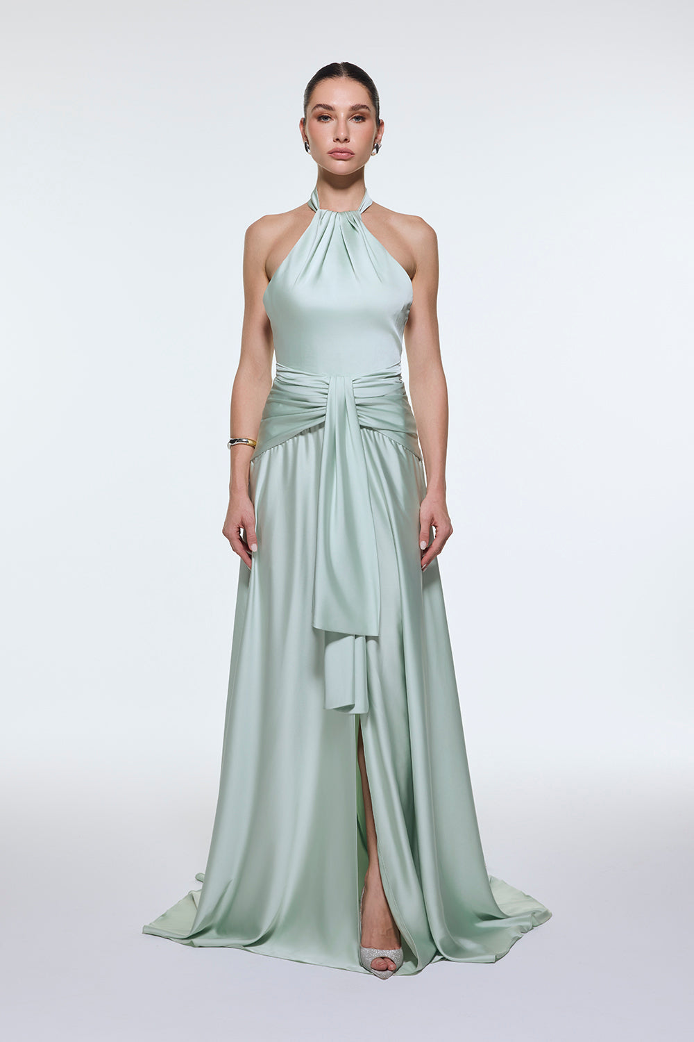 Boyundan Askılı Bel Drape Detaylı Uzun Abiye Elbise - 9253C