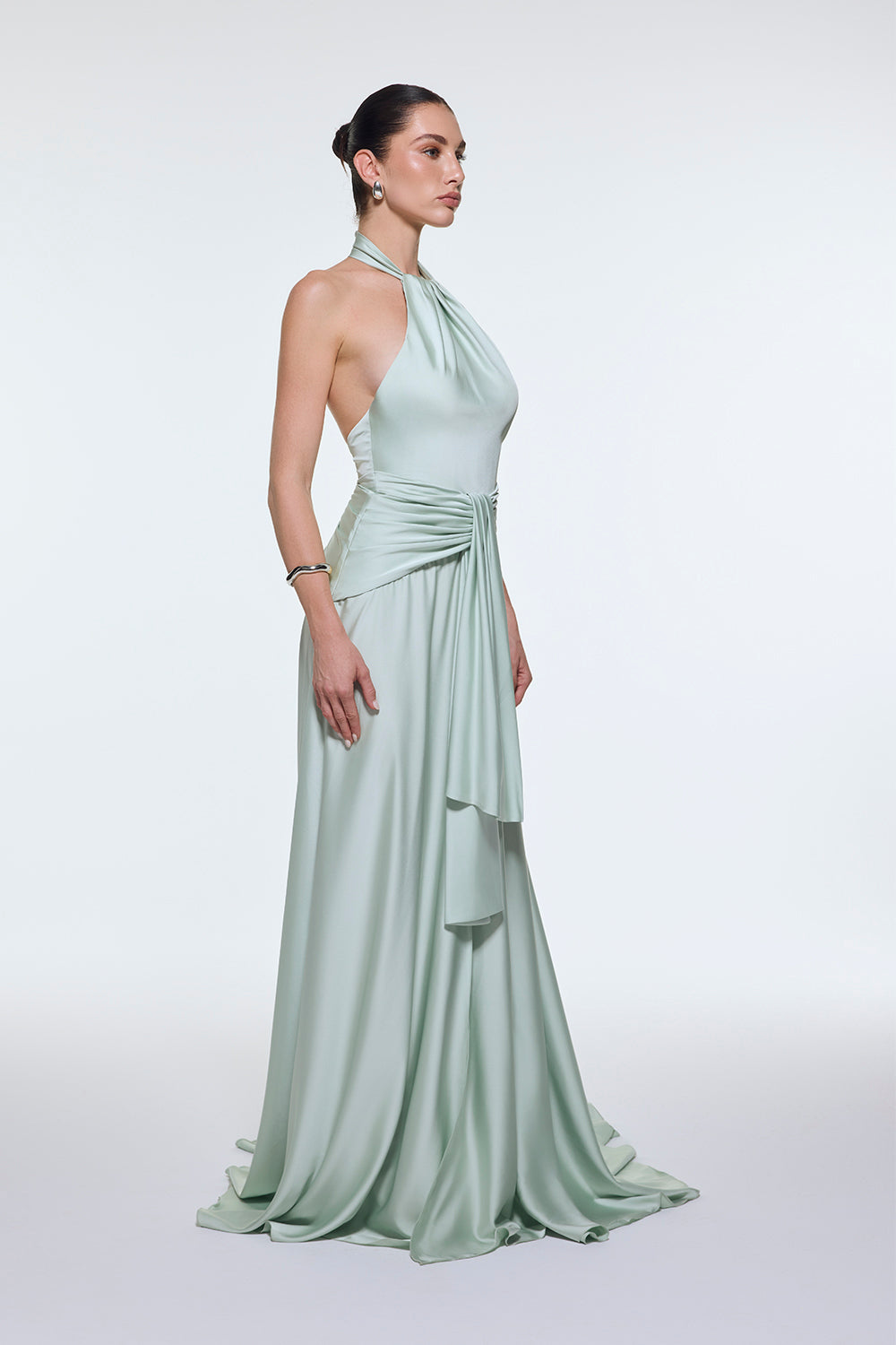 Boyundan Askılı Bel Drape Detaylı Uzun Abiye Elbise - 9253C