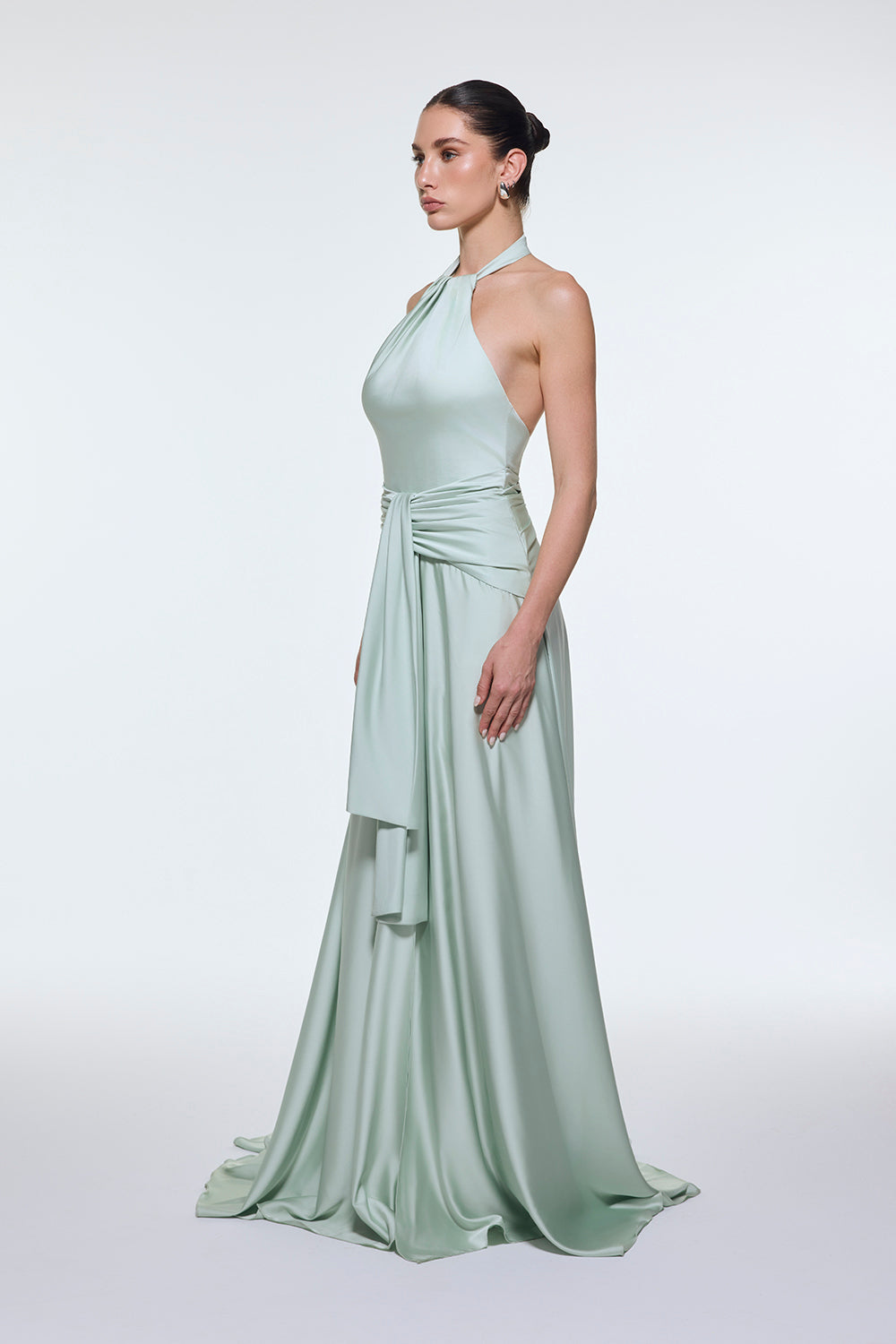 Boyundan Askılı Bel Drape Detaylı Uzun Abiye Elbise - 9253C