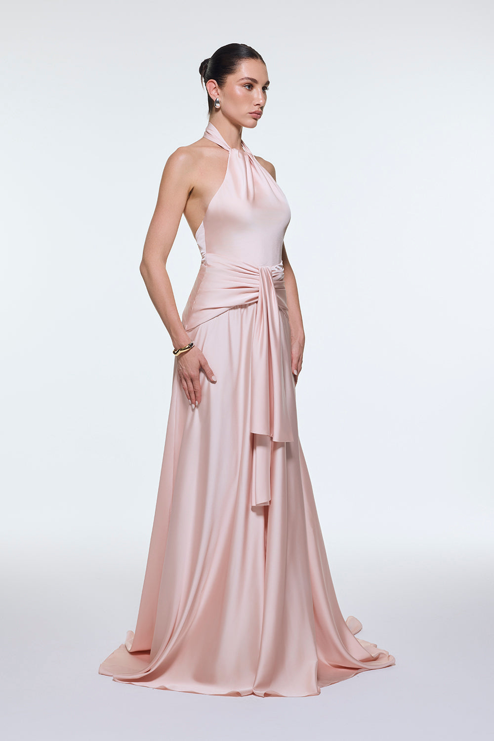 Boyundan Askılı Bel Drape Detaylı Uzun Abiye Elbise - 9253C