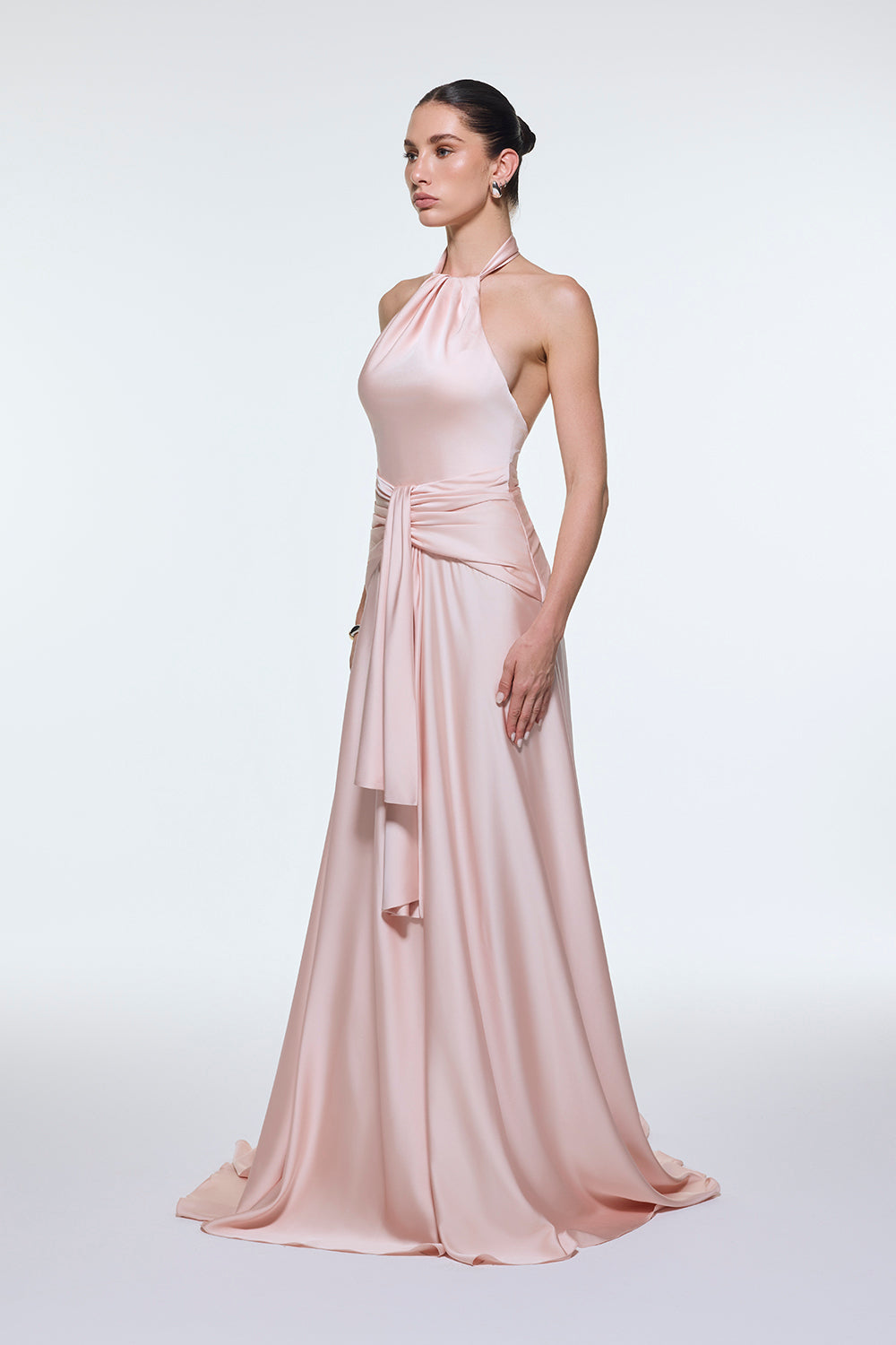 Boyundan Askılı Bel Drape Detaylı Uzun Abiye Elbise - 9253C