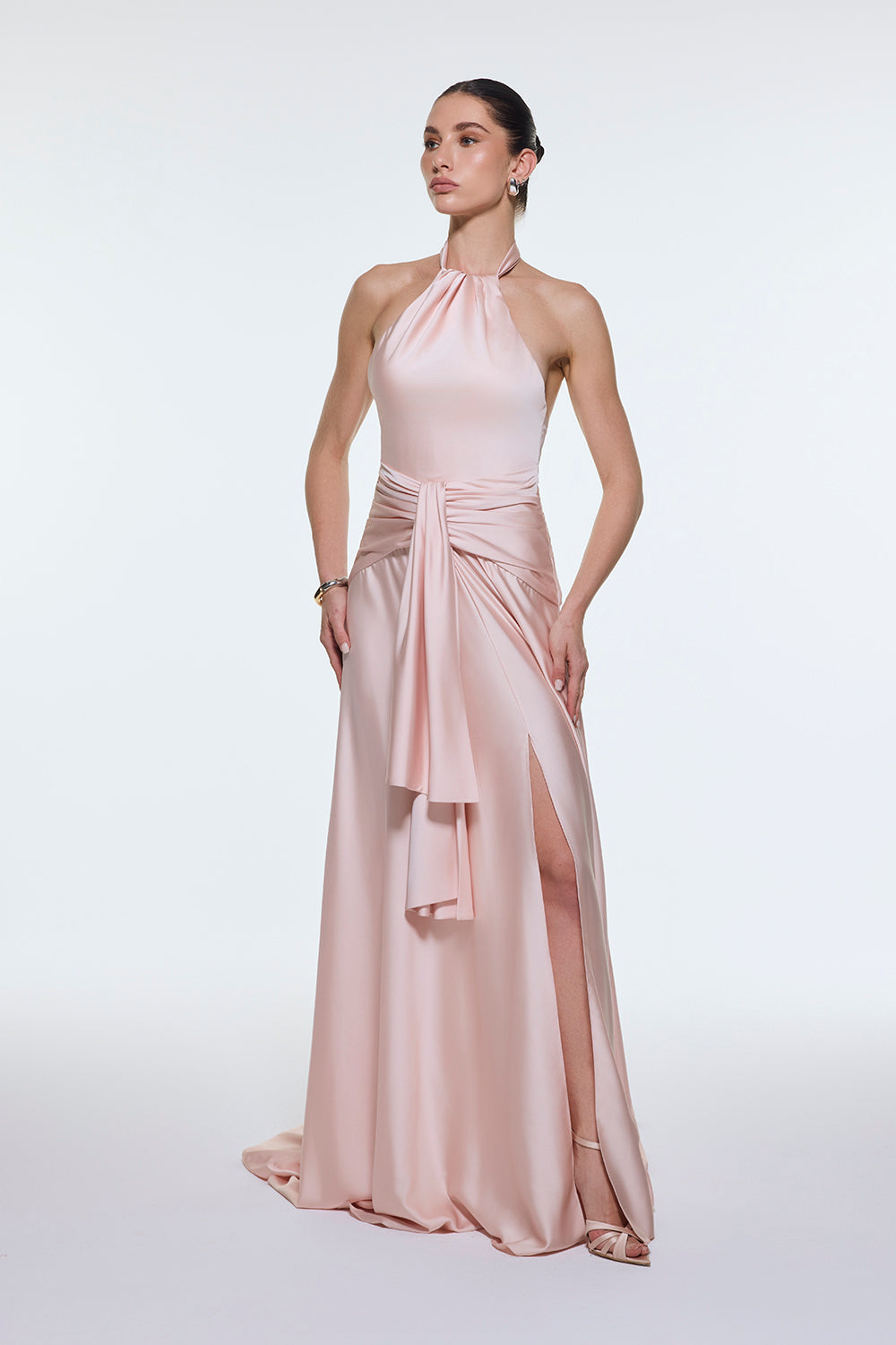 Boyundan Askılı Bel Drape Detaylı Uzun Abiye Elbise - 9253C