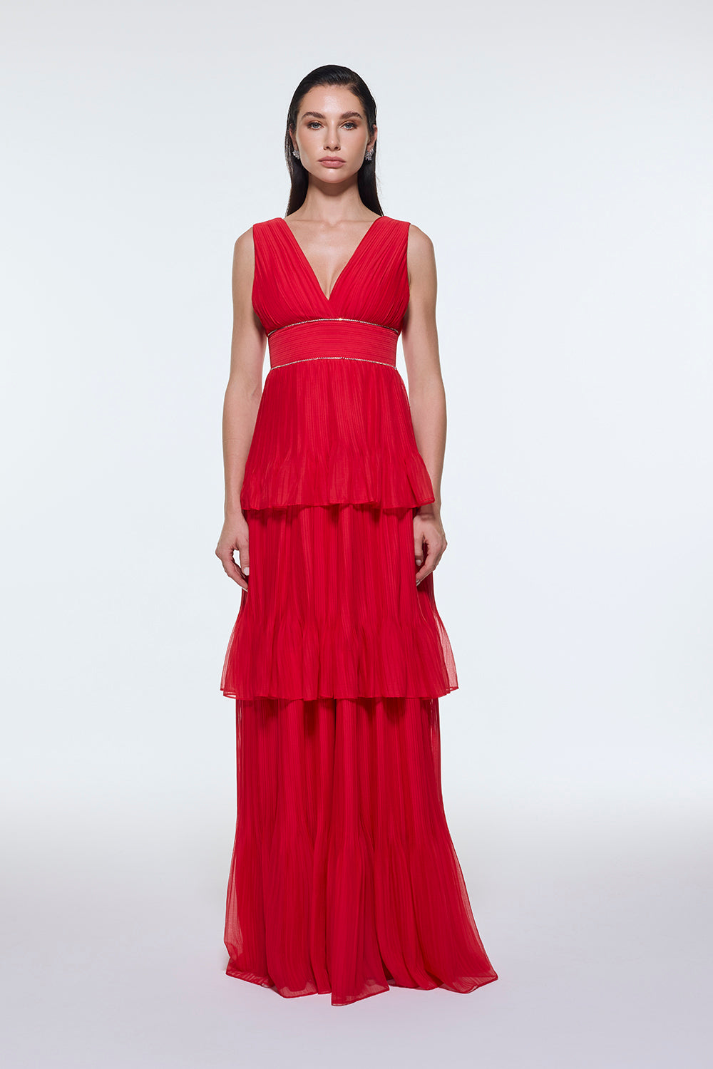 V Yaka Volanlı Şifon Uzun Abiye Elbise - 9274C