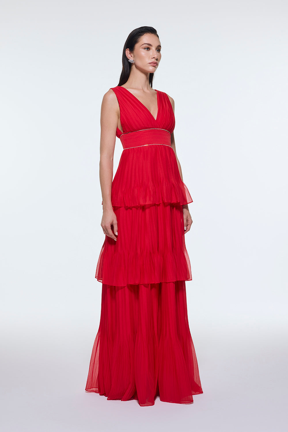 V Yaka Volanlı Şifon Uzun Abiye Elbise - 9274C