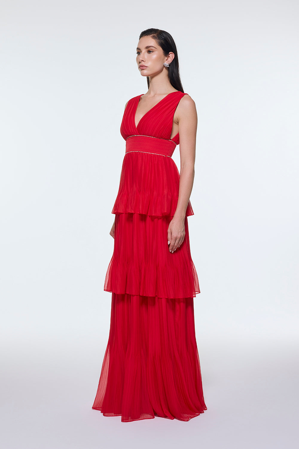 V Yaka Volanlı Şifon Uzun Abiye Elbise - 9274C