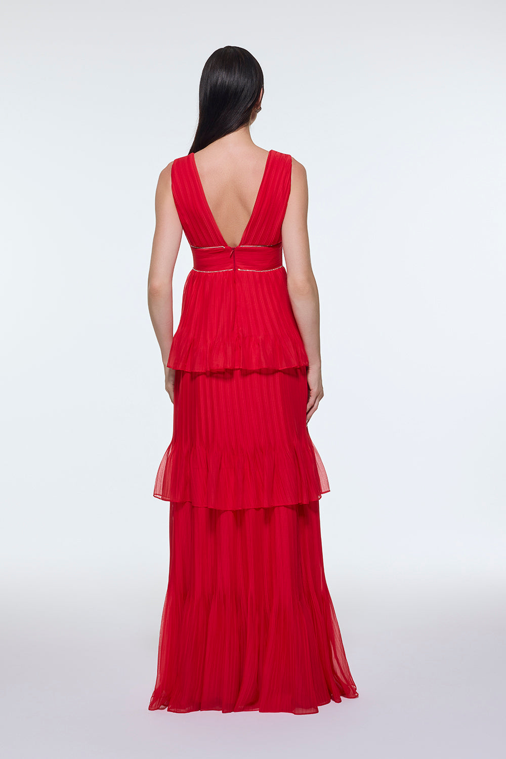 V Yaka Volanlı Şifon Uzun Abiye Elbise - 9274C