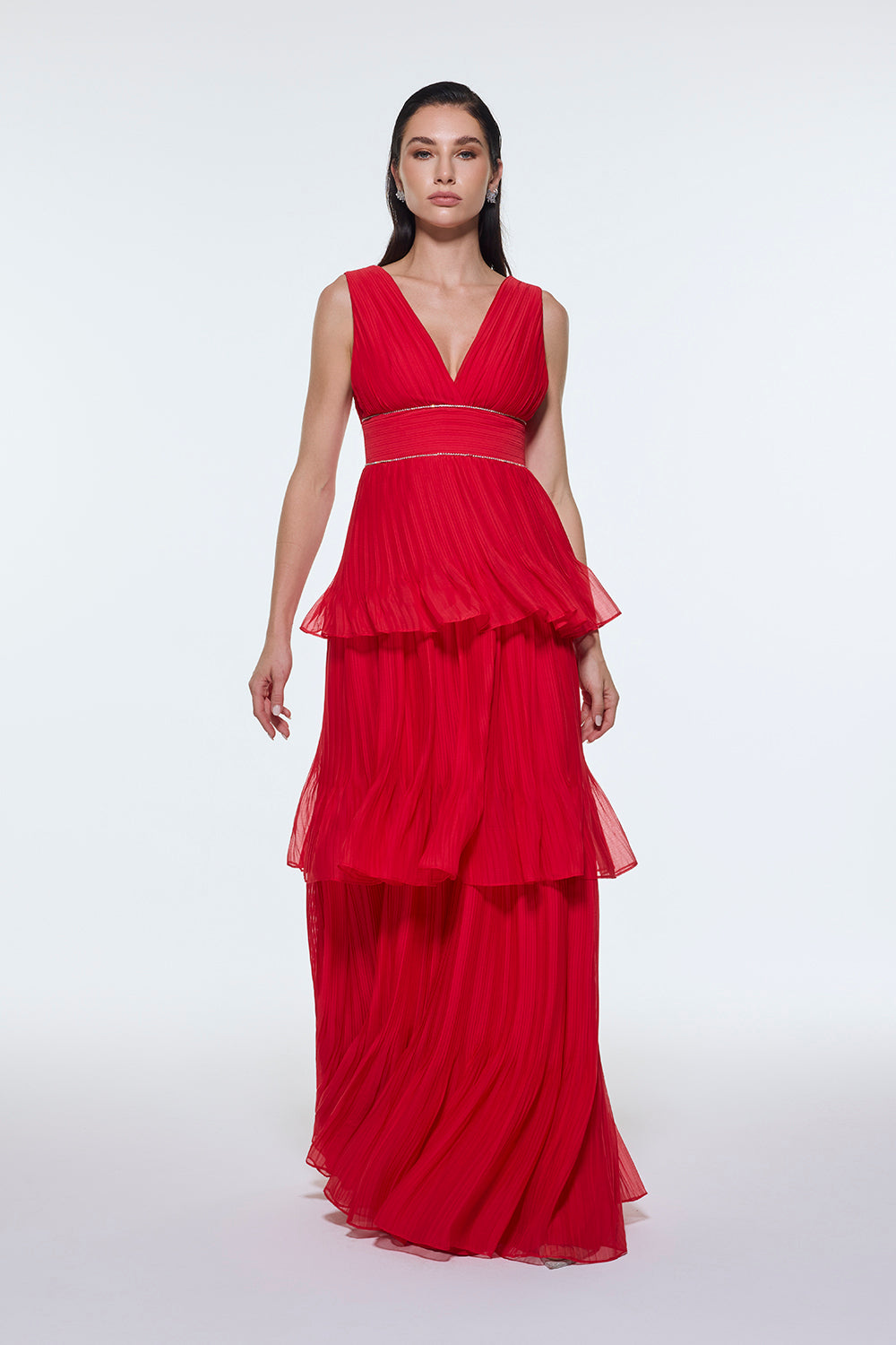 V Yaka Volanlı Şifon Uzun Abiye Elbise - 9274C