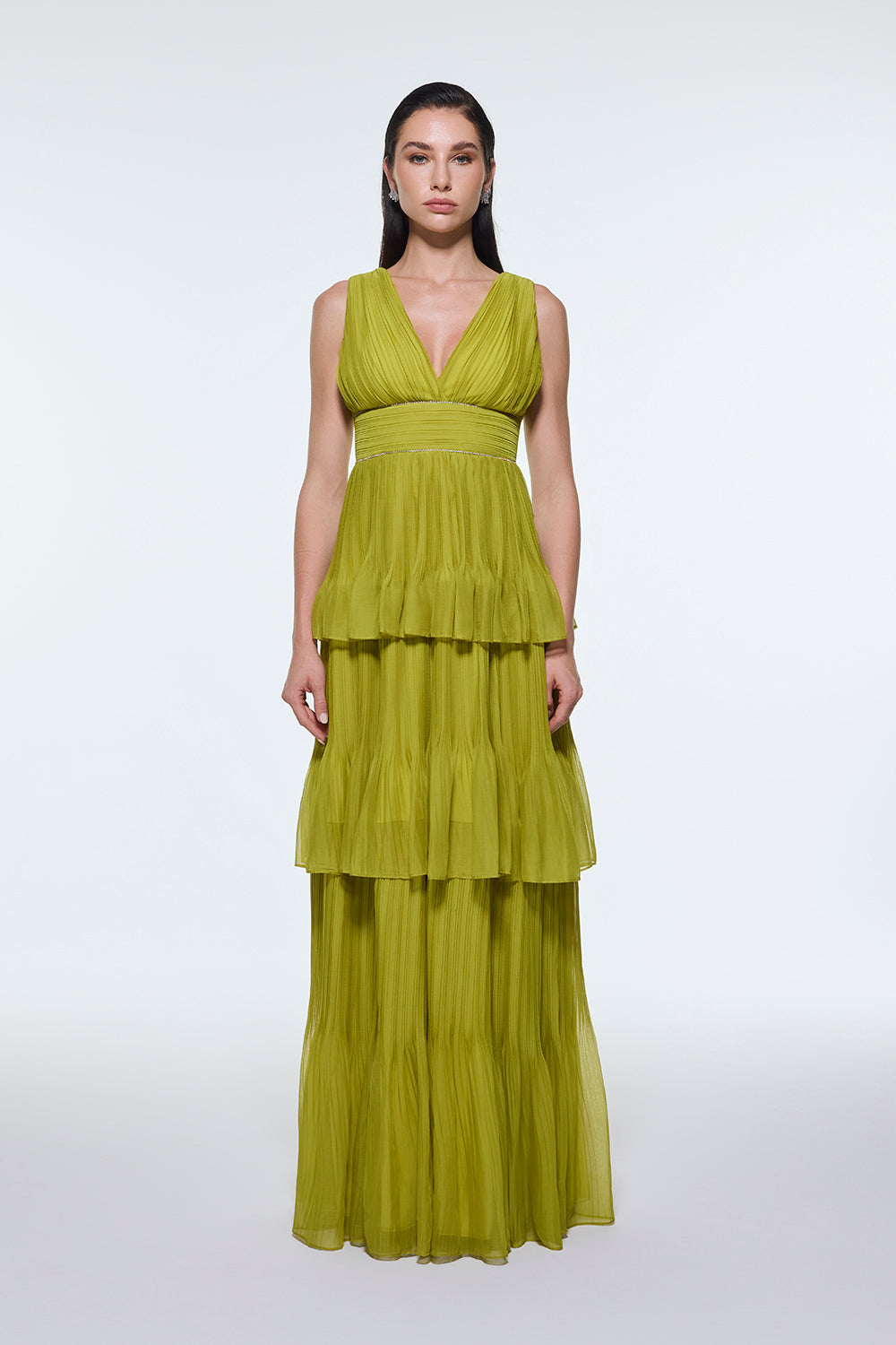 V Yaka Volanlı Şifon Uzun Abiye Elbise - 9274C