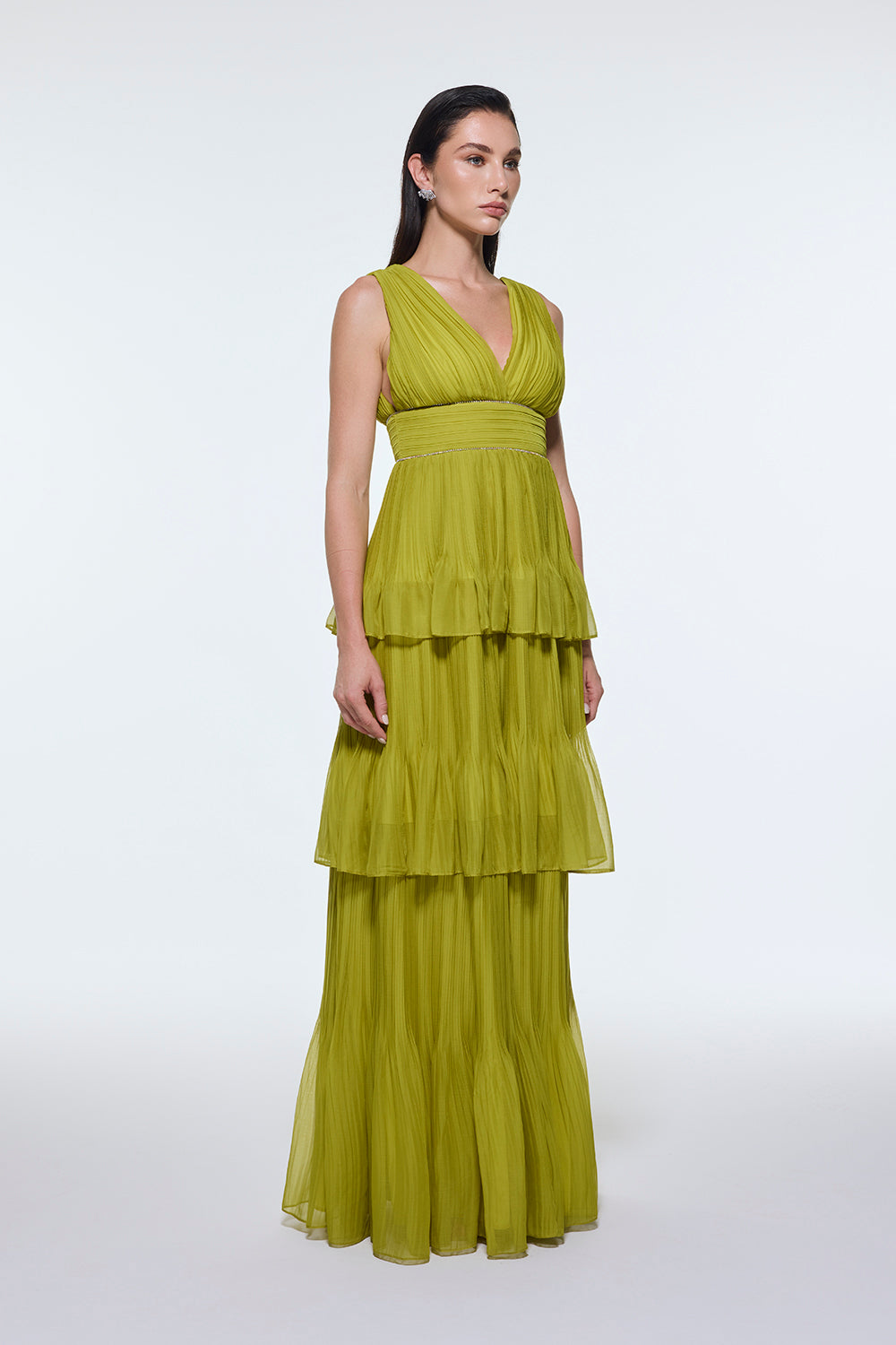 V Yaka Volanlı Şifon Uzun Abiye Elbise - 9274C