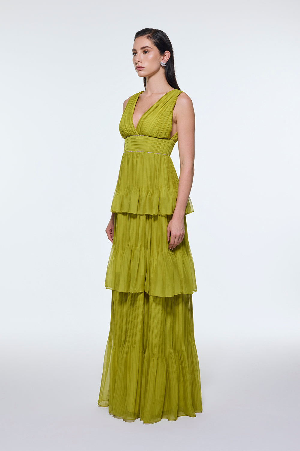 V Yaka Volanlı Şifon Uzun Abiye Elbise - 9274C