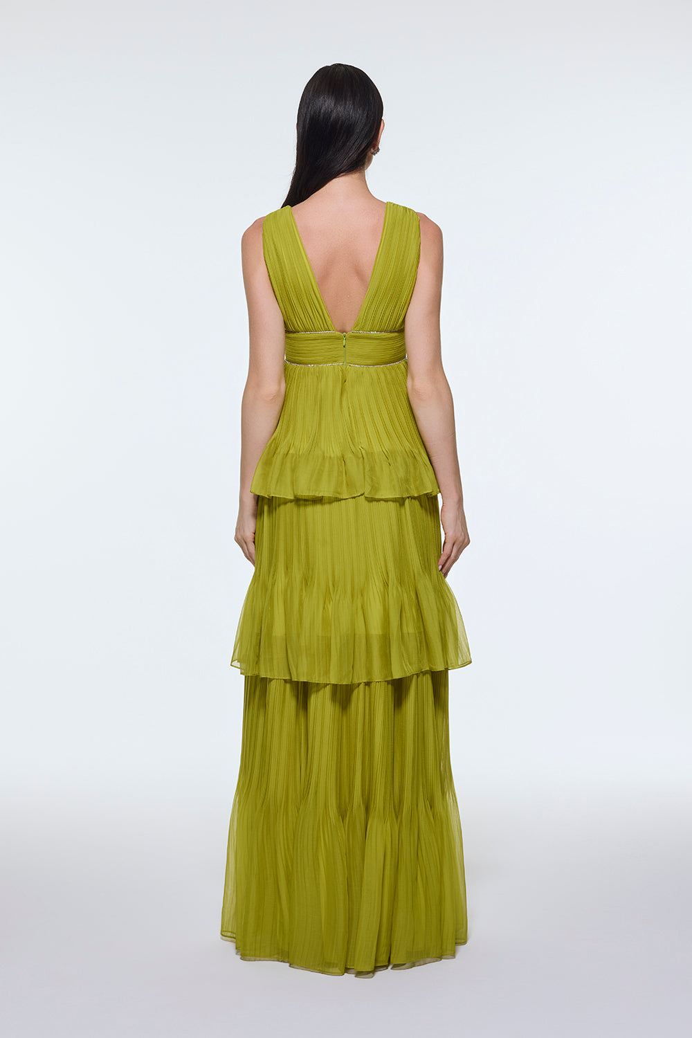 V Yaka Volanlı Şifon Uzun Abiye Elbise - 9274C