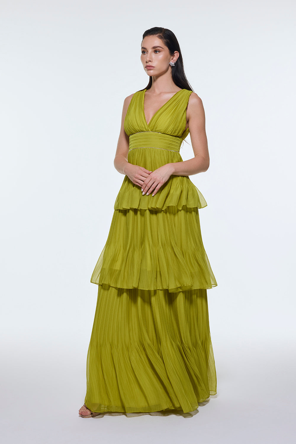 V Yaka Volanlı Şifon Uzun Abiye Elbise - 9274C