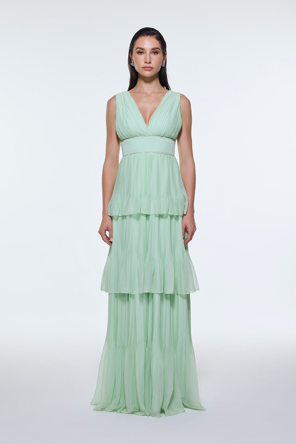 V Yaka Volanlı Şifon Uzun Abiye Elbise - 9274C