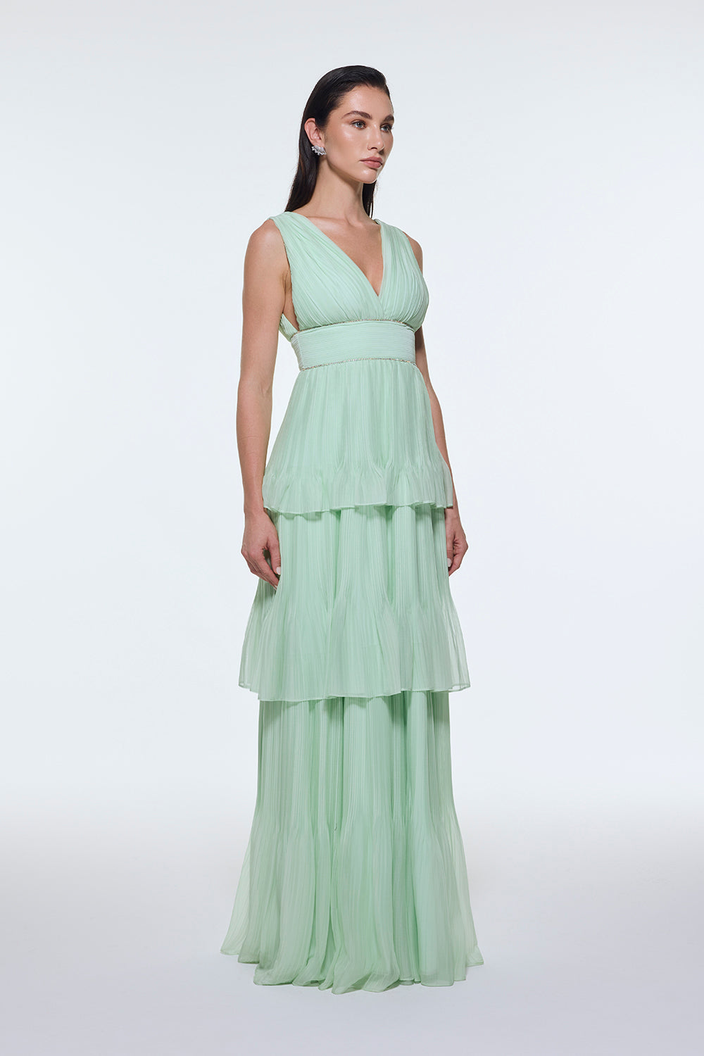 V Yaka Volanlı Şifon Uzun Abiye Elbise - 9274C