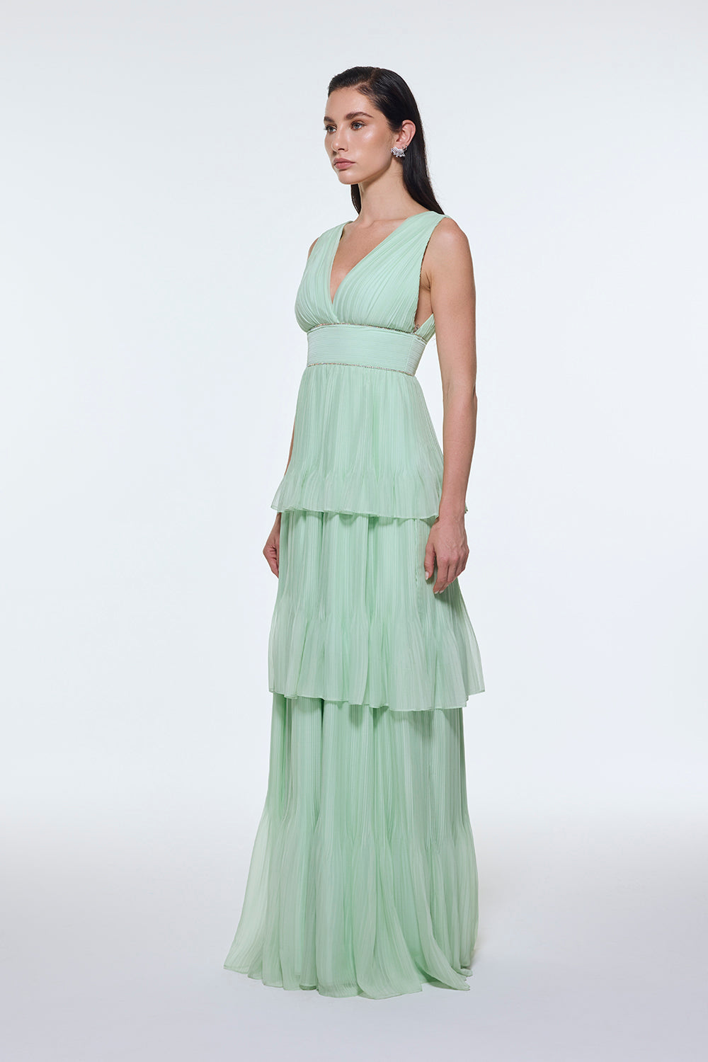 V Yaka Volanlı Şifon Uzun Abiye Elbise - 9274C