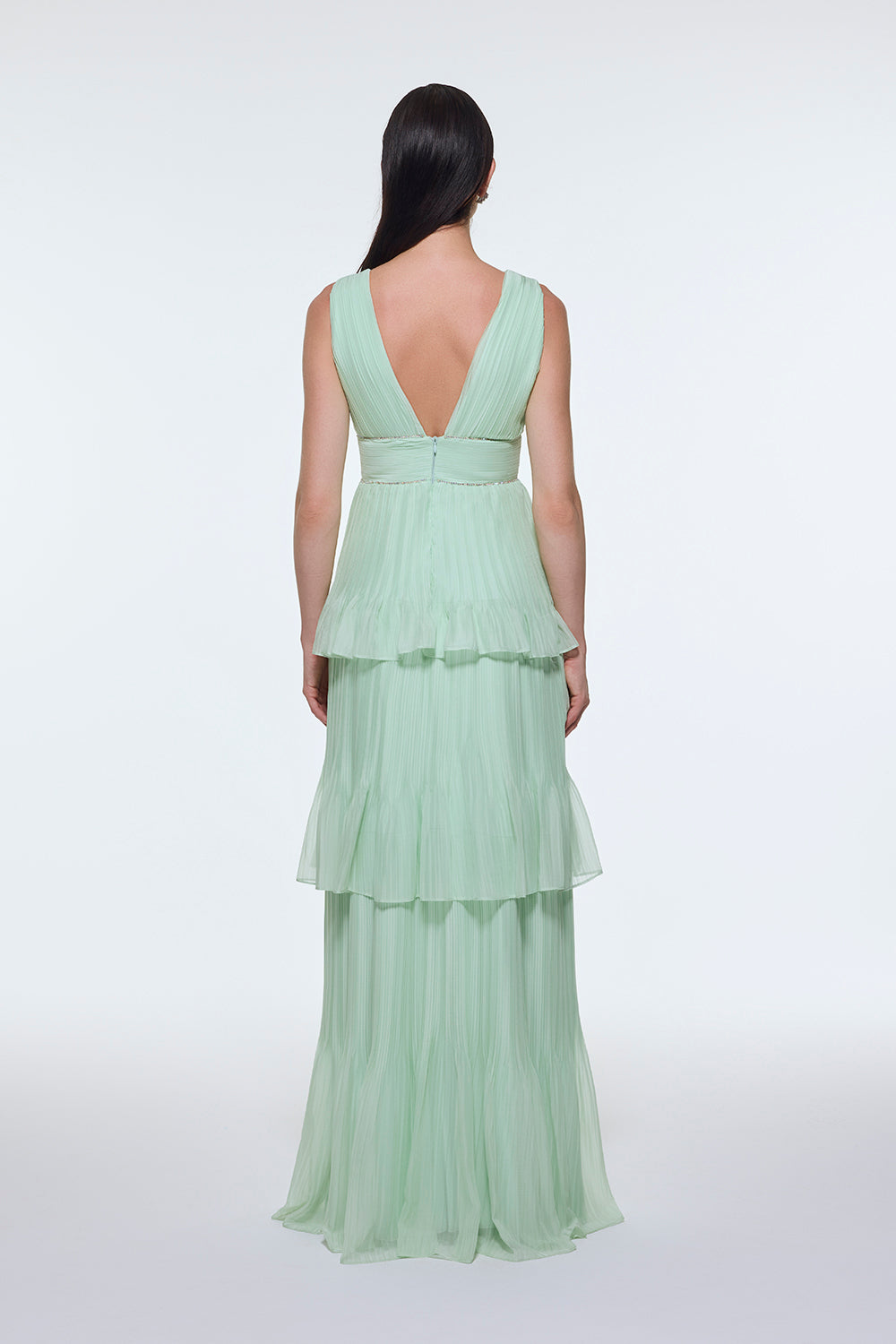 V Yaka Volanlı Şifon Uzun Abiye Elbise - 9274C