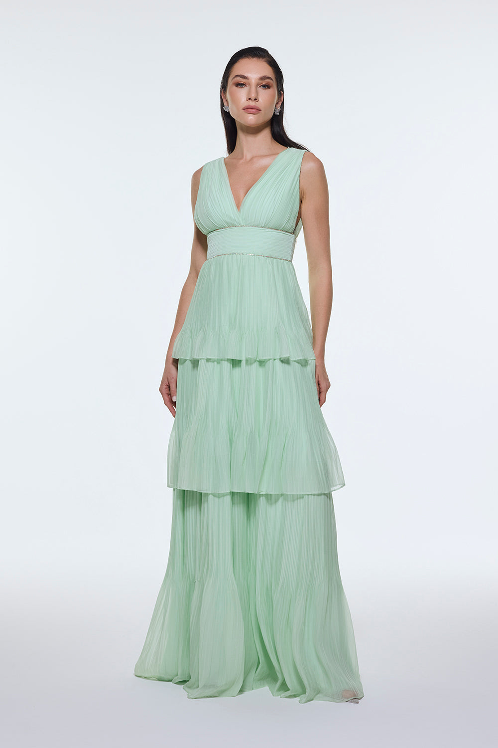 V Yaka Volanlı Şifon Uzun Abiye Elbise - 9274C