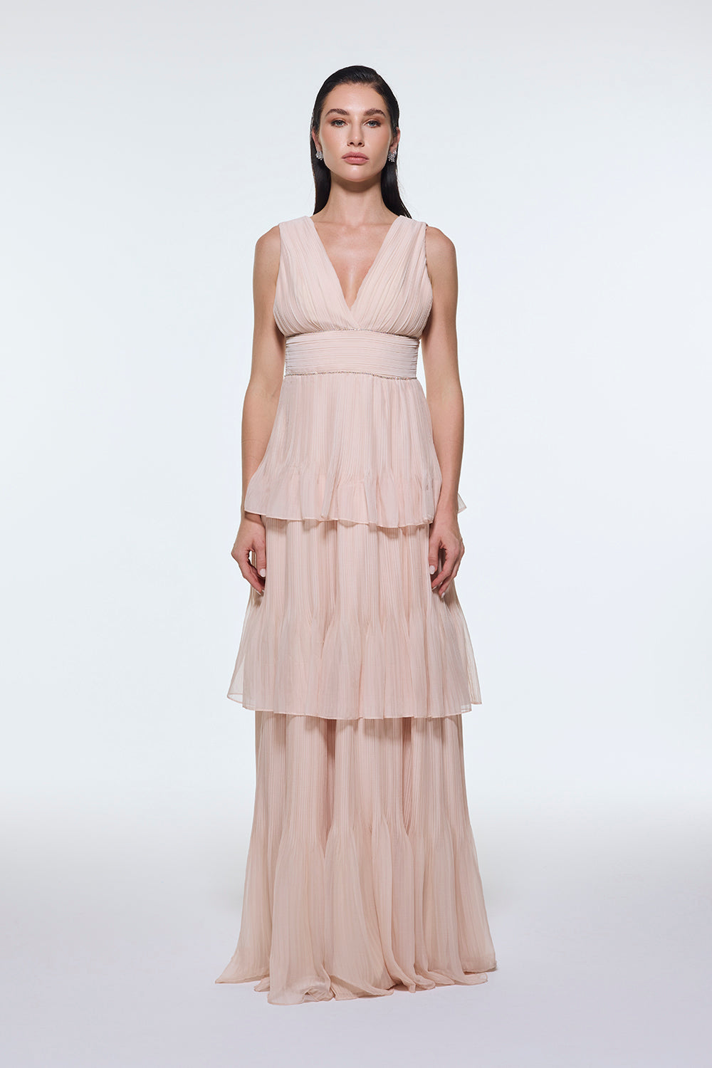 V Yaka Volanlı Şifon Uzun Abiye Elbise - 9274C