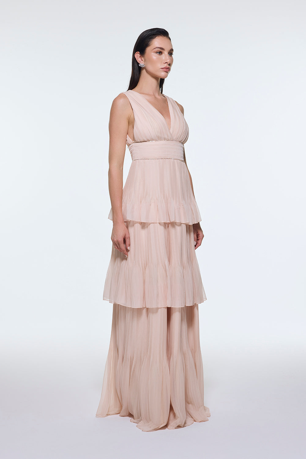 V Yaka Volanlı Şifon Uzun Abiye Elbise - 9274C