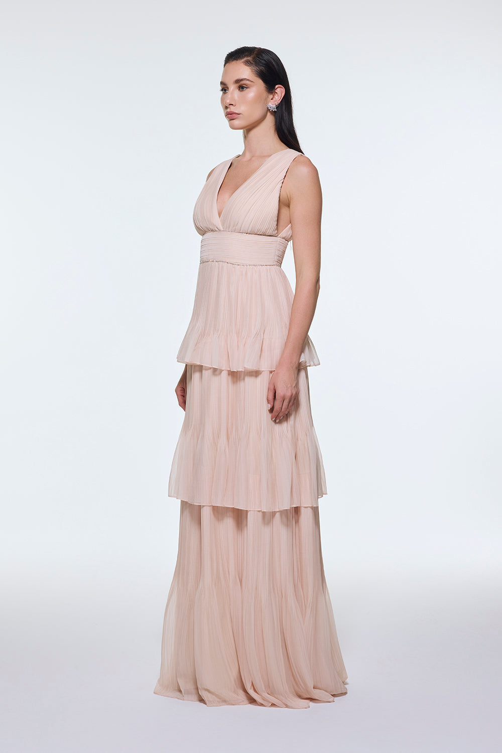 V Yaka Volanlı Şifon Uzun Abiye Elbise - 9274C