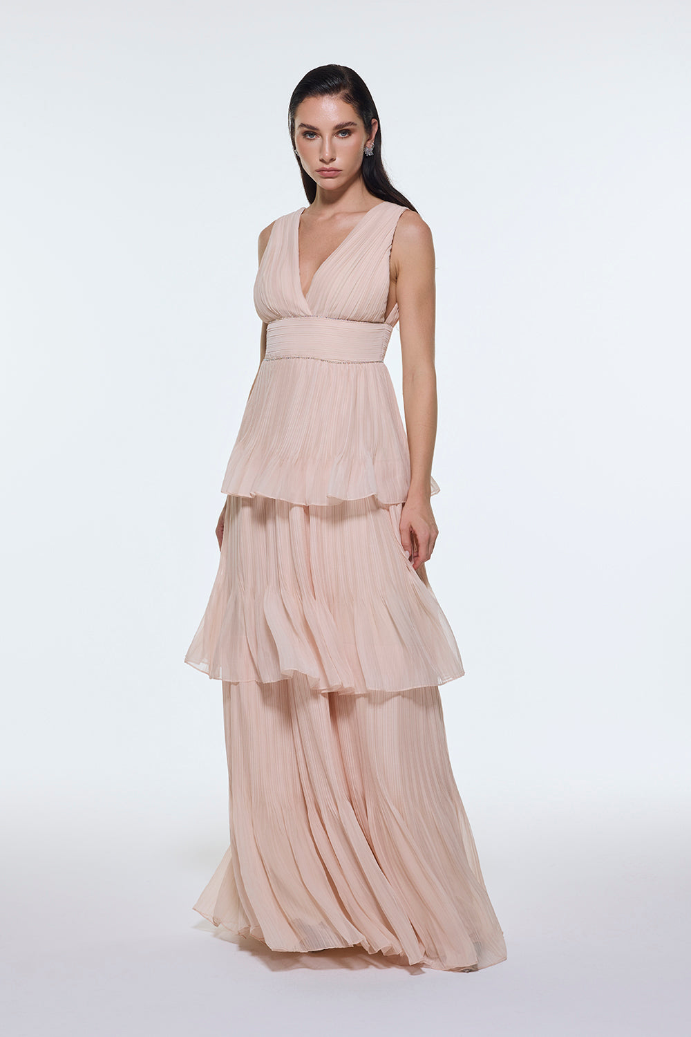 V Yaka Volanlı Şifon Uzun Abiye Elbise - 9274C