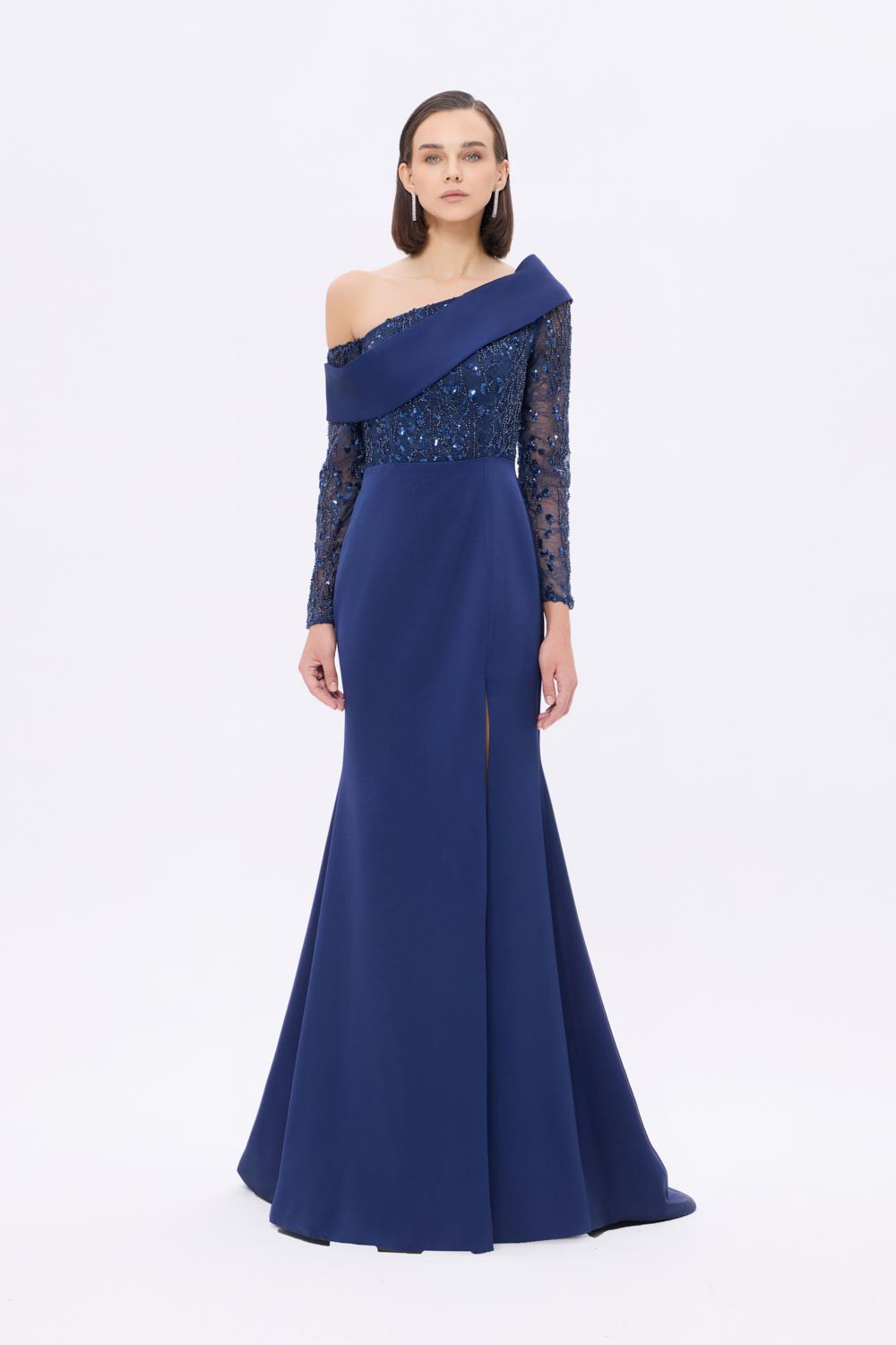 Embroidery Detailed Long Evening Dress with Slits - 9342C