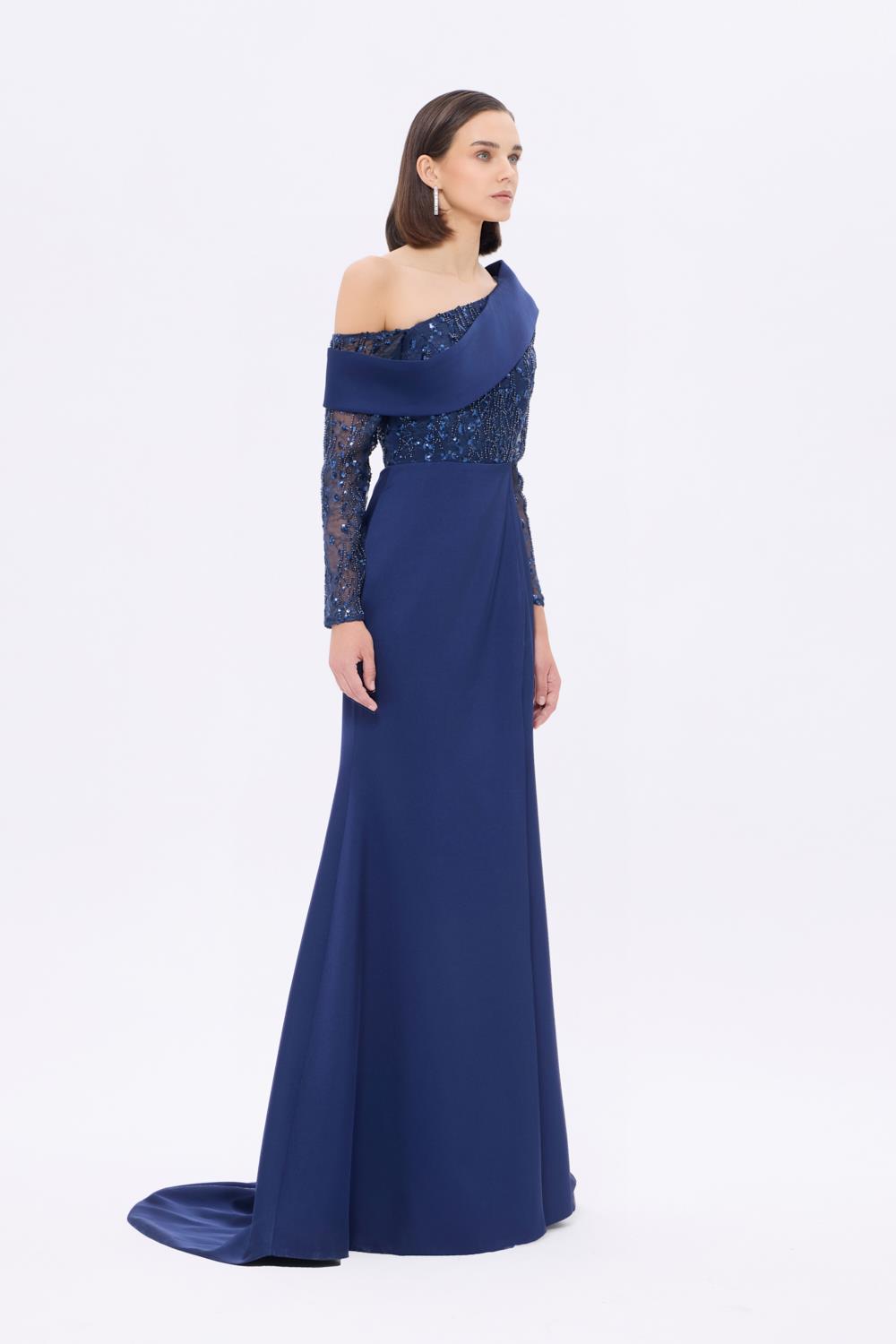 Embroidery Detailed Long Evening Dress with Slits - 9342C