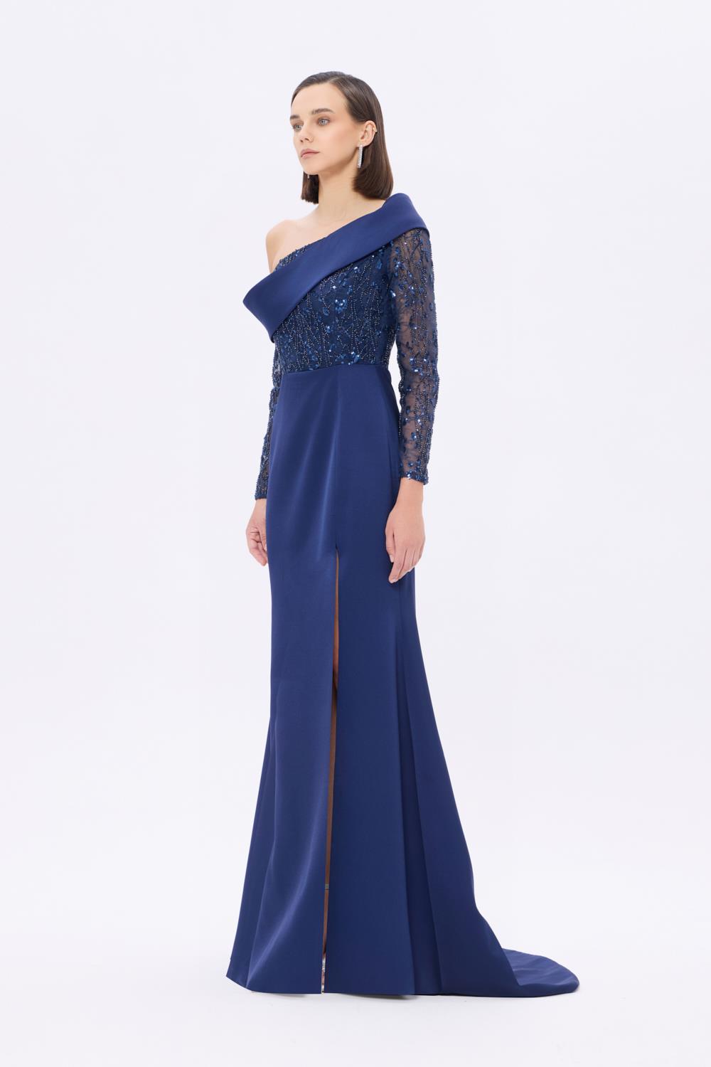 Embroidery Detailed Long Evening Dress with Slits - 9342C