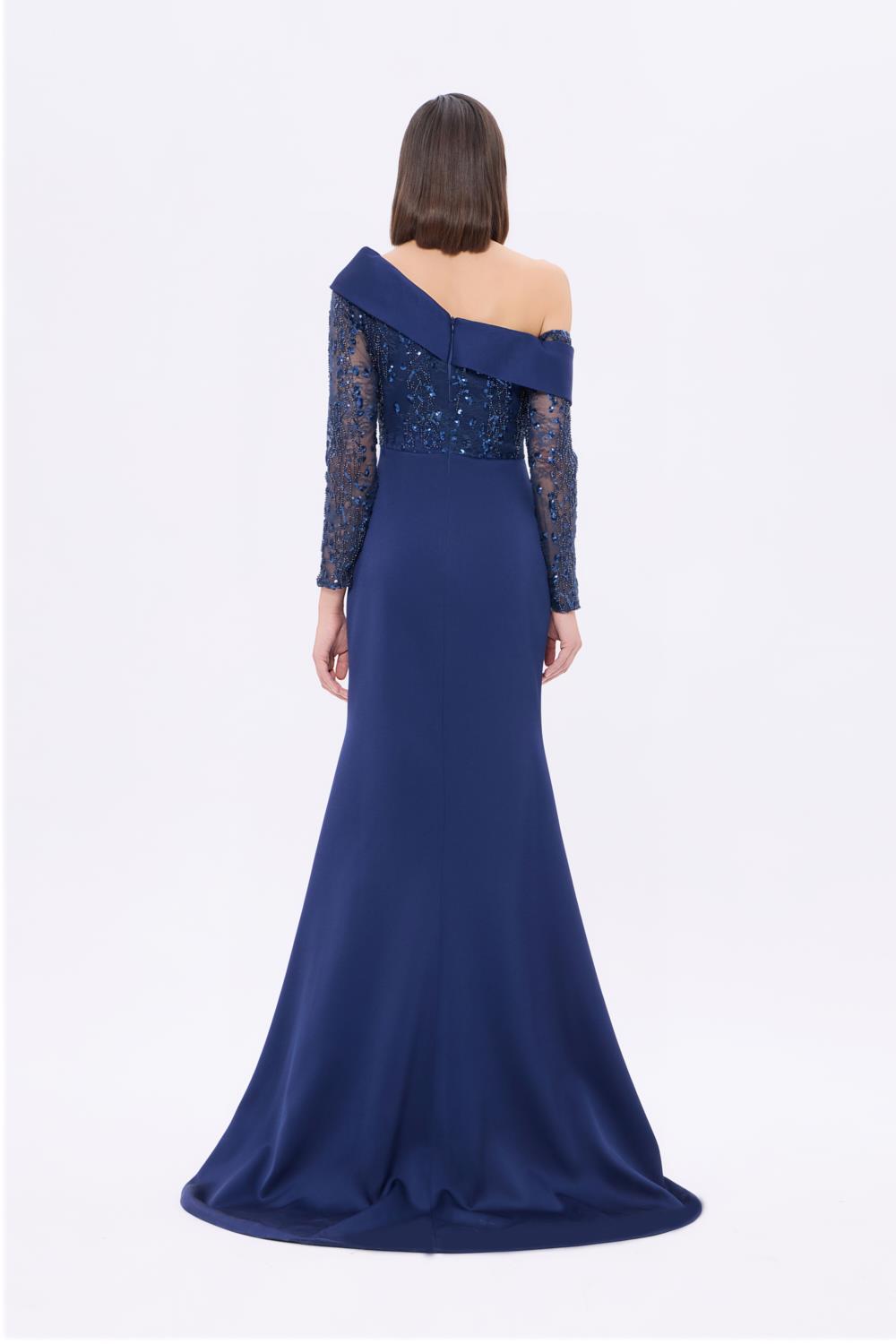 Embroidery Detailed Long Evening Dress with Slits - 9342C