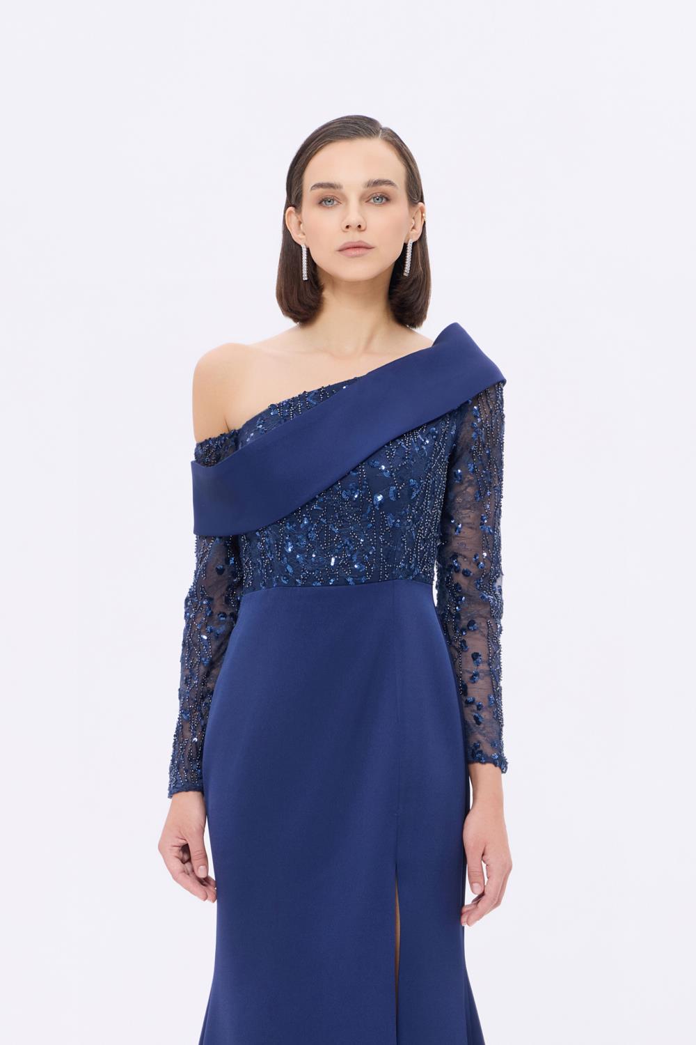 Embroidery Detailed Long Evening Dress with Slits - 9342C