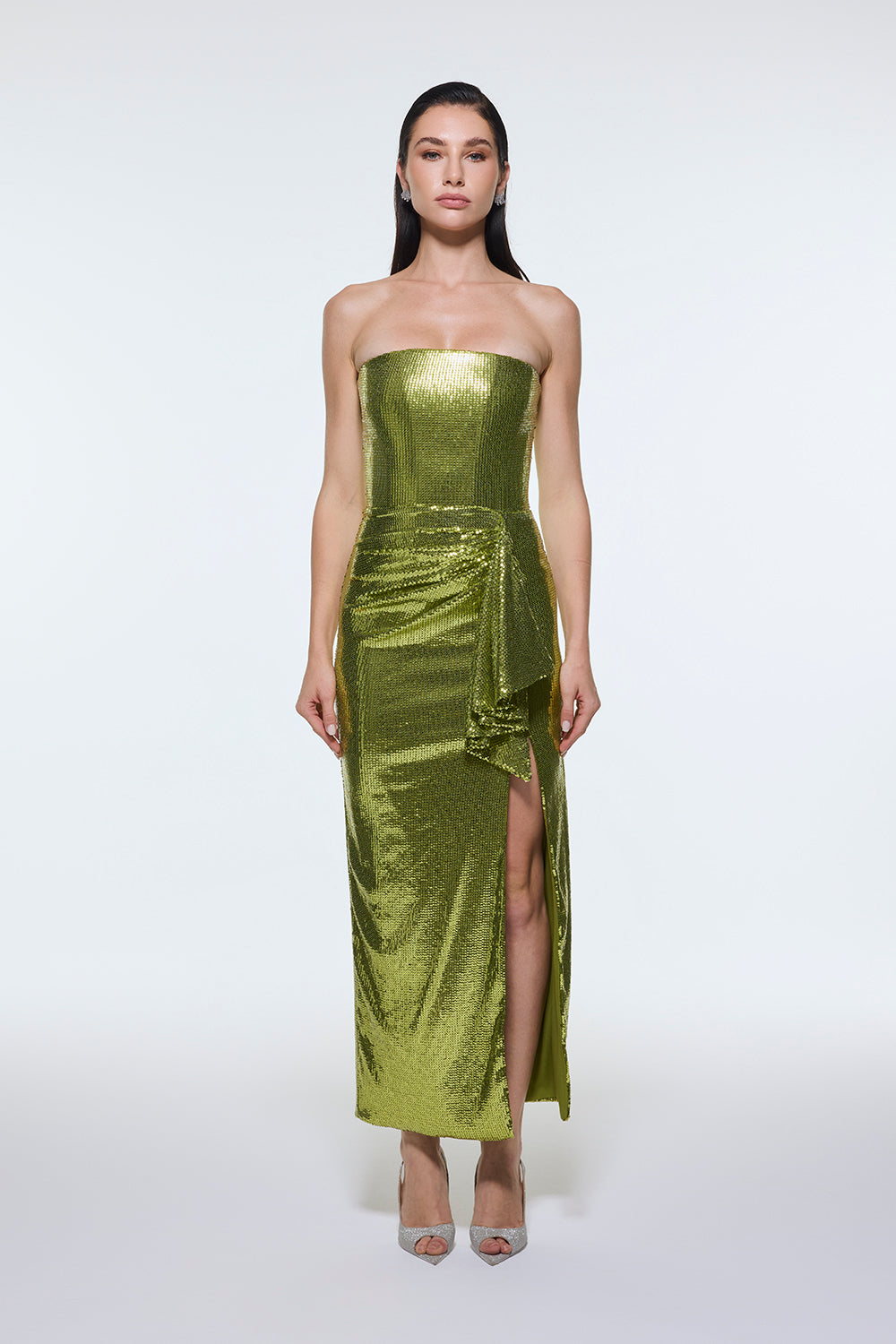 Bel Drape Detaylı Straplez Midi Abiye Elbise - 9295C