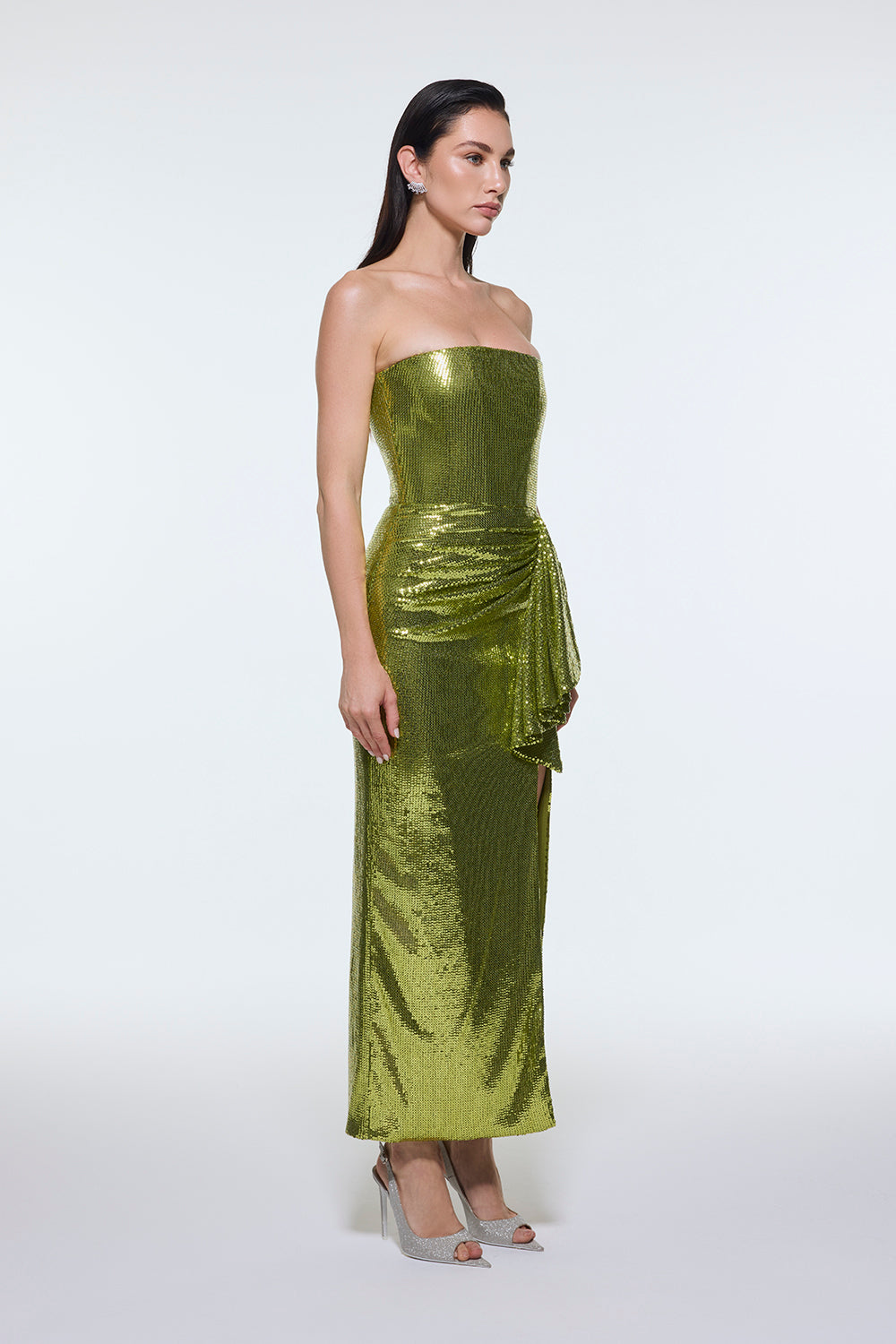 Bel Drape Detaylı Straplez Midi Abiye Elbise - 9295C