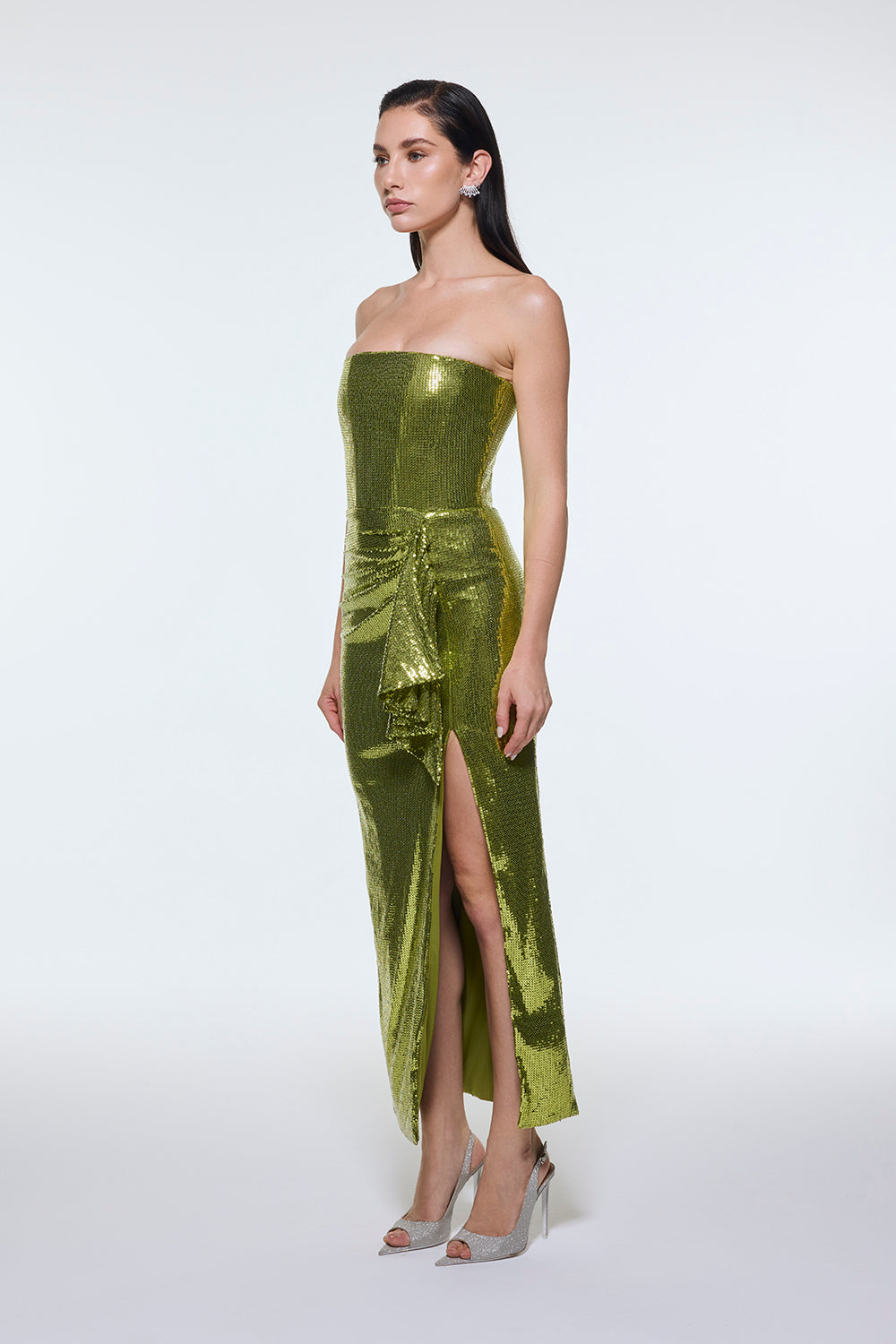 Bel Drape Detaylı Straplez Midi Abiye Elbise - 9295C